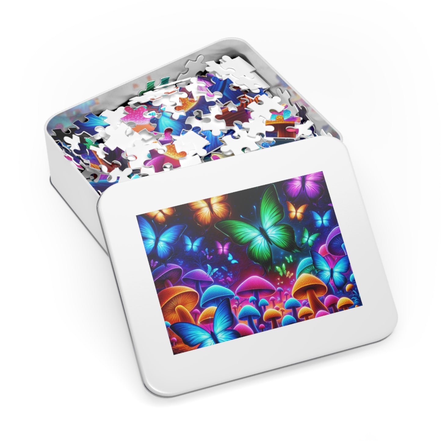 Neon Splurge. - Neon Butterflies and Mushrooms Puzzle 30, 110, 252, and 1000 Pieces
