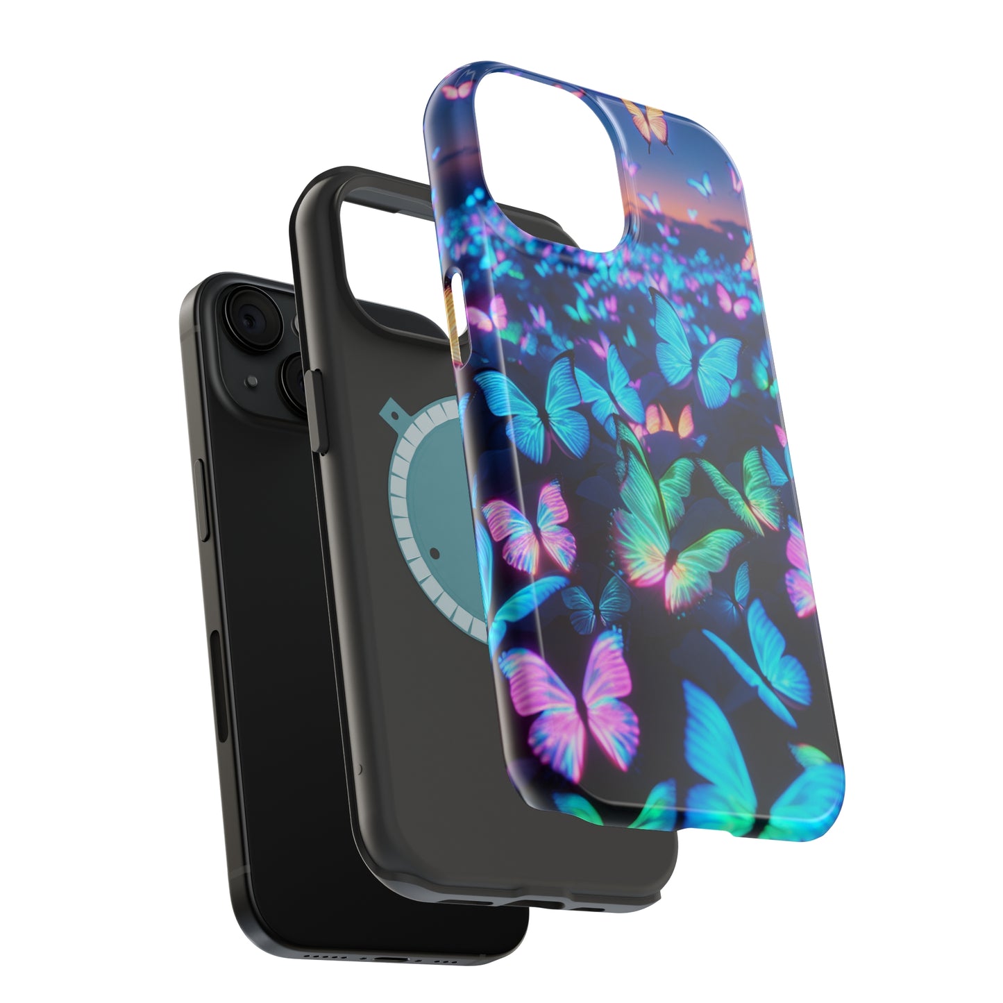 "Fantasia of Neon Butterflies" Neon Butterflies Premium Art Magsafe Magnet Tough IPhone 13 14 15 Pro Plus Max and Mini in Matte and Glossy Phone cases