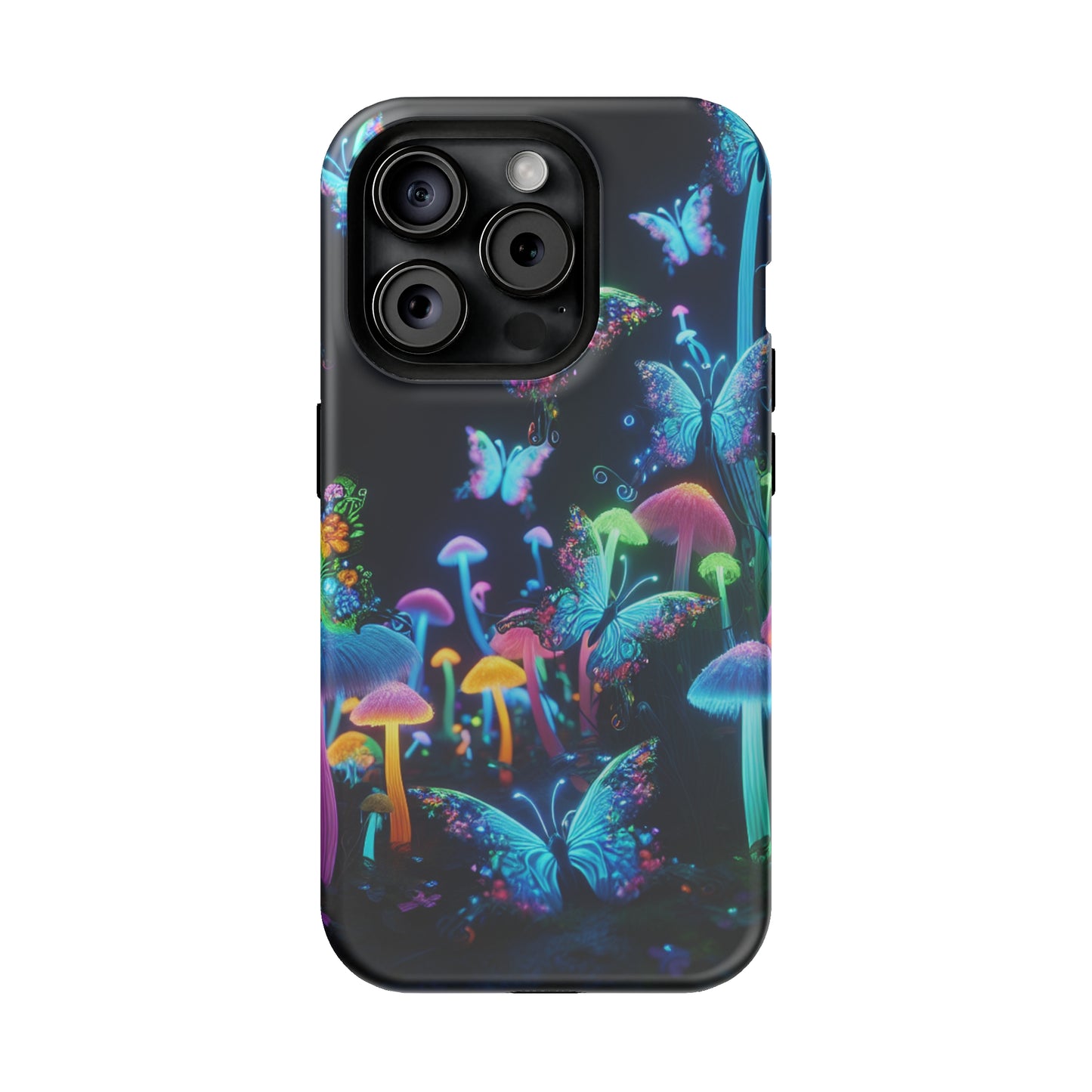 "Neon Dreamscape" Neon Butterflies and Mushrooms Premium Art Magsafe Magnet Tough IPhone 13 14 15 Pro Plus Max and Mini in Matte and Glossy Phone cases