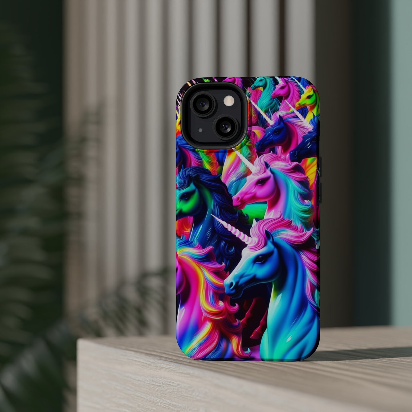 "Neon Illumination" Neon Unicorns Premium Art Magsafe Magnet Tough IPhone 13 14 15 Pro Plus Max and Mini in Matte and Glossy Phone cases
