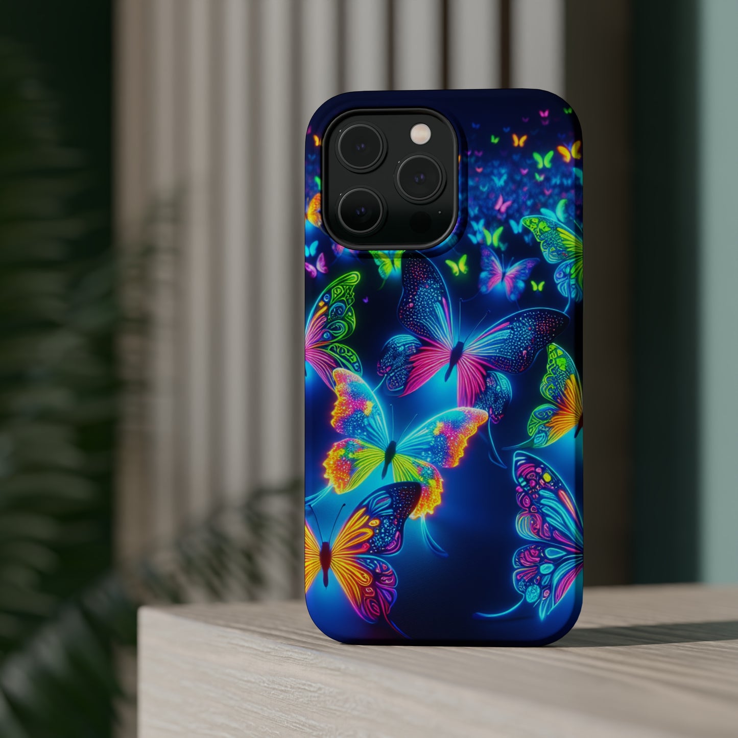"Atmospheric Fluorescence" Neon Butterflies Premium Art Magsafe Magnet Tough IPhone 13 14 15 Pro Plus Max and Mini in Matte and Glossy Phone cases