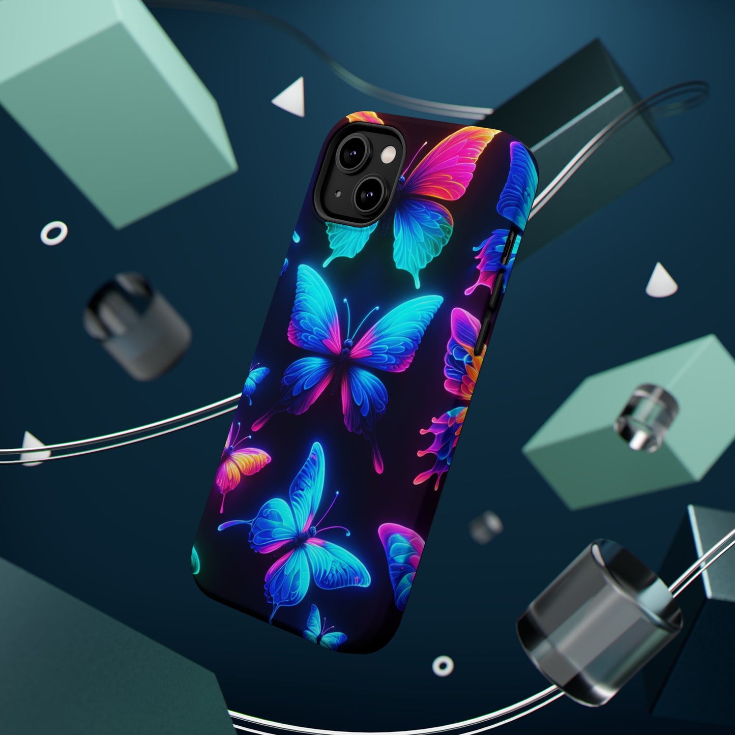 "Neon Flight Frenzy" Neon Butterflies Premium Art Magsafe Magnet Tough IPhone 13 14 15 Pro Plus Max and Mini in Matte and Glossy Phone cases