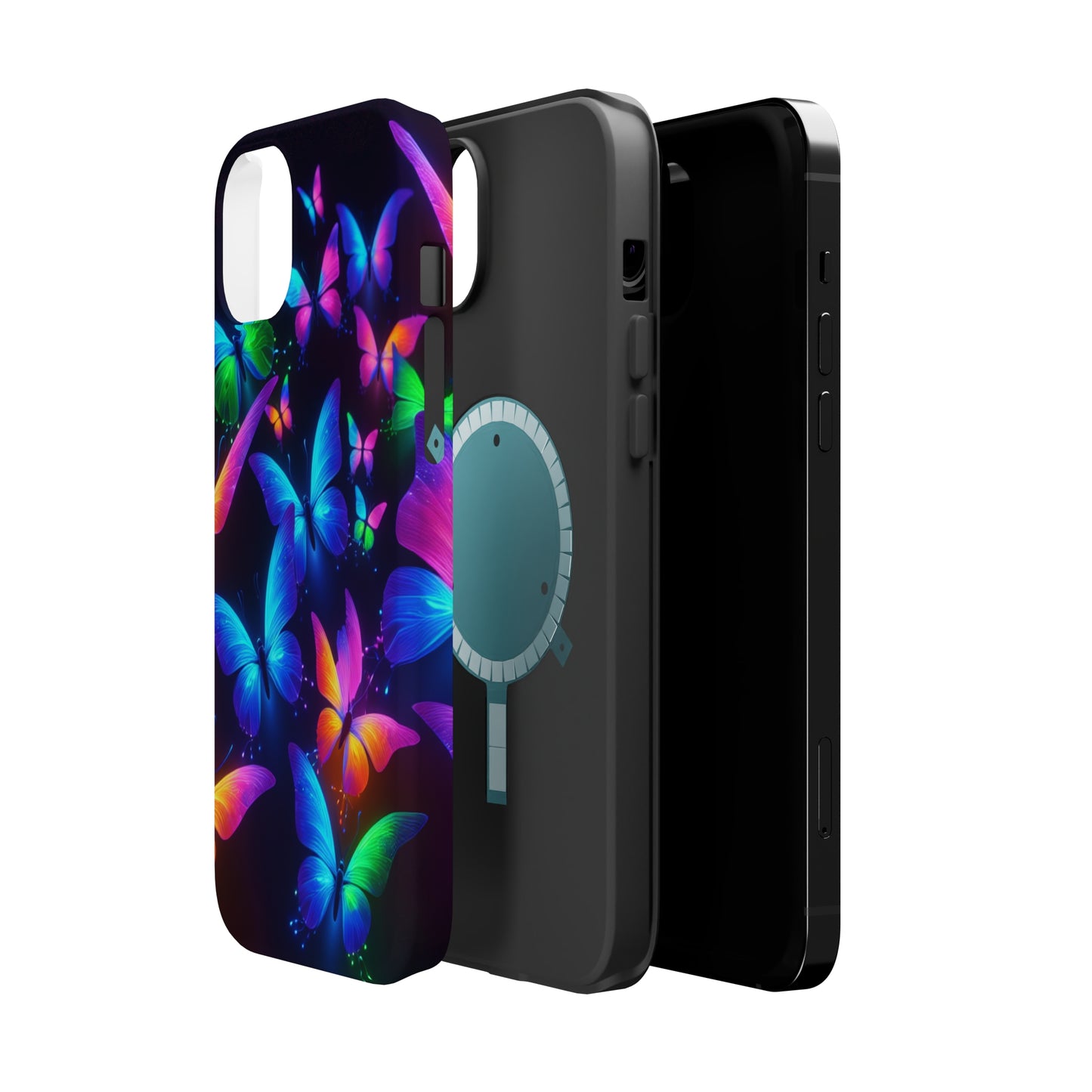 "Vibrant Neon Flutter" Neon Butterflies Premium Art Magsafe Magnet Tough IPhone 13 14 15 Pro Plus Max and Mini in Matte and Glossy Phone cases