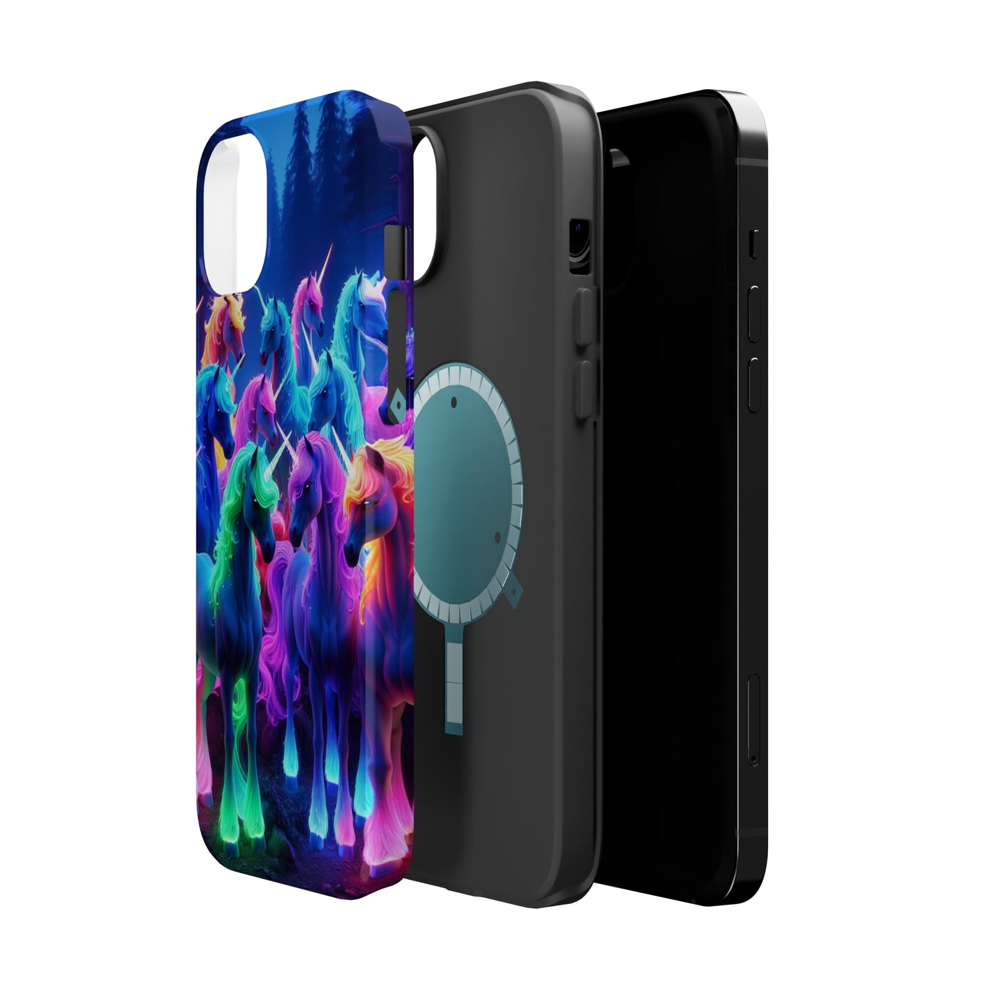 "Neon Fantasyland" Neon Unicorns Premium Art Magsafe Magnet Tough IPhone 13 14 15 Pro Plus Max and Mini in Matte and Glossy Phone cases