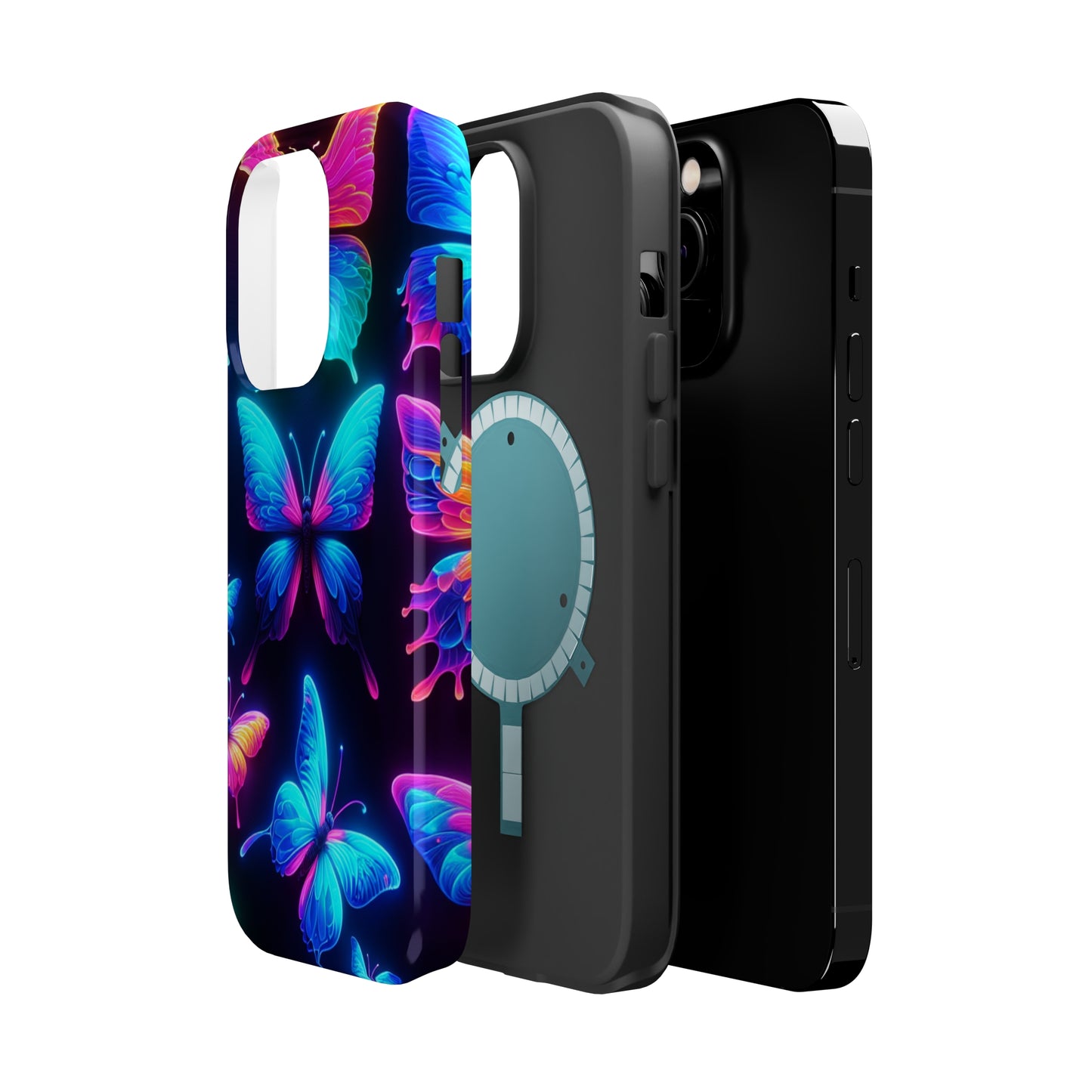 "Neon Flight Frenzy" Neon Butterflies Premium Art Magsafe Magnet Tough IPhone 13 14 15 Pro Plus Max and Mini in Matte and Glossy Phone cases