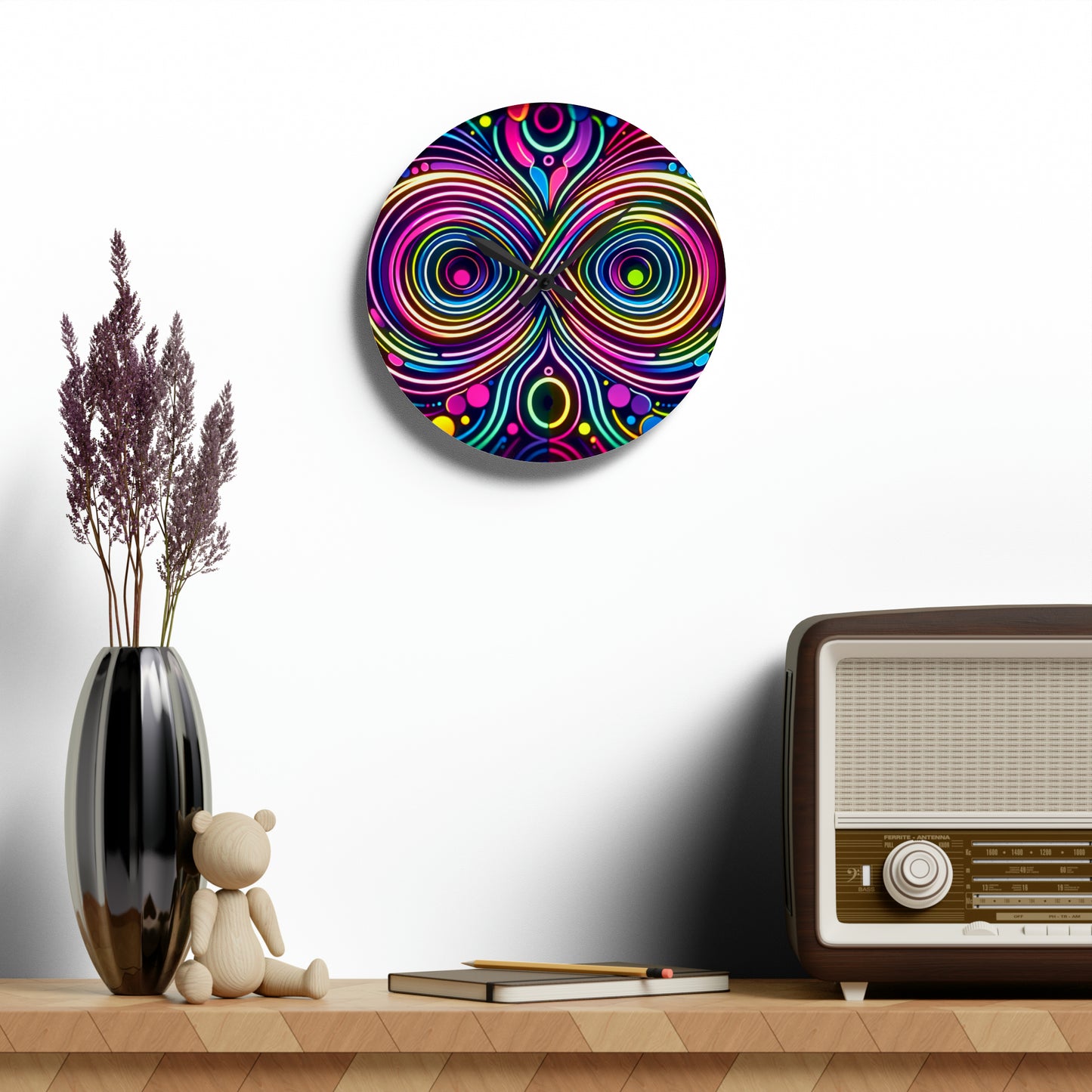 Vibrant Neon Infinity Spirograph. Infinity Patterns Art Acrylic Clock
