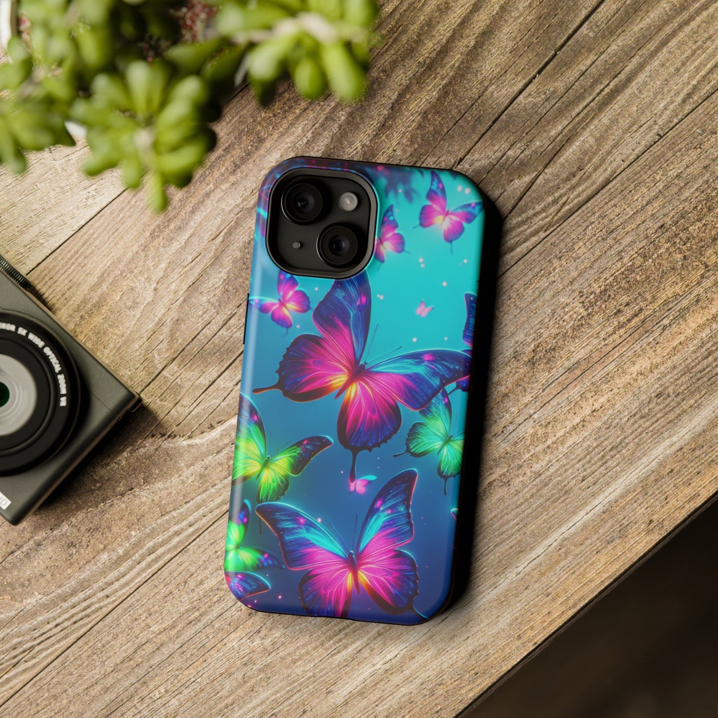 Vivid Glinting Neon Butterflies Neon Butterflies Premium Art Magsafe Magnet Tough IPhone 13 14 15 Pro Plus Max and Mini in Matte and Glossy Phone cases