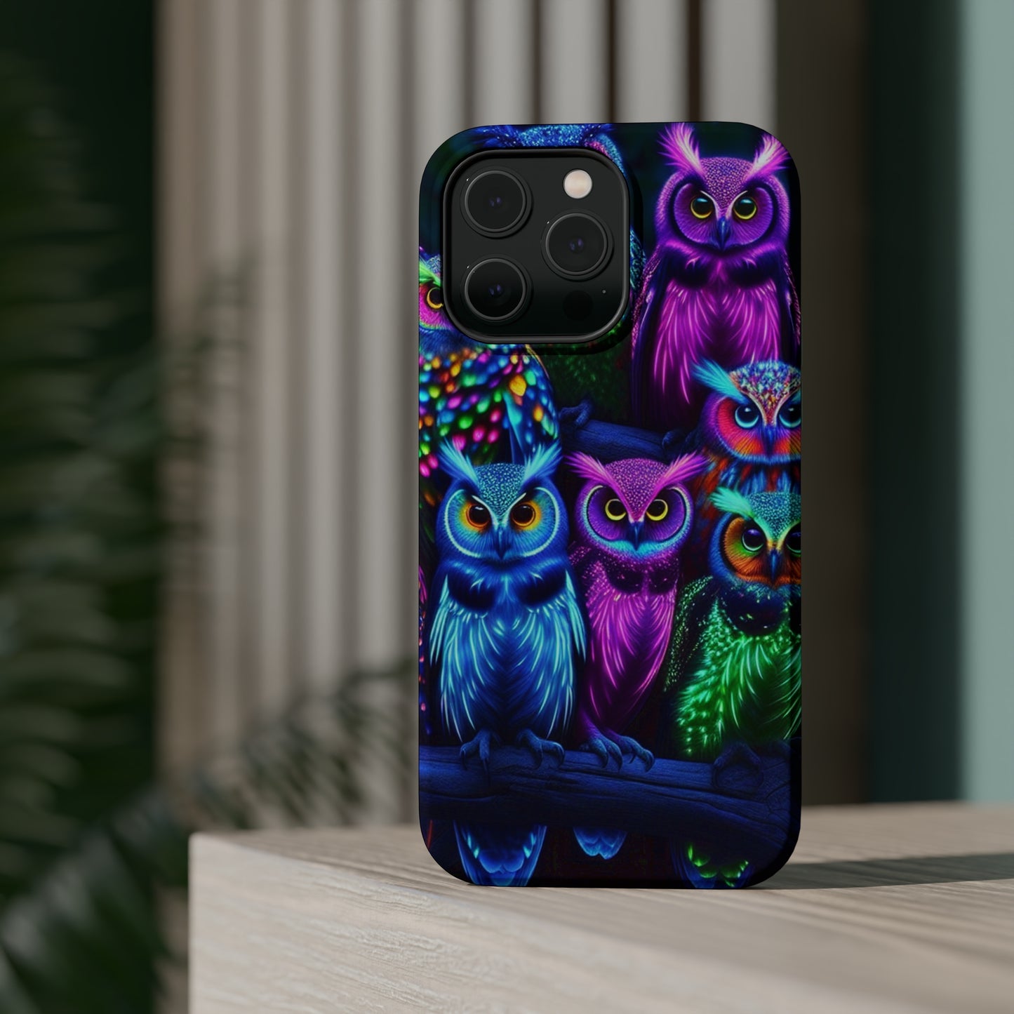 "Neon Nocturne" Neon Owls Premium Art Magsafe Magnet Tough IPhone 13 14 15 Pro Plus Max and Mini in Matte and Glossy Phone cases