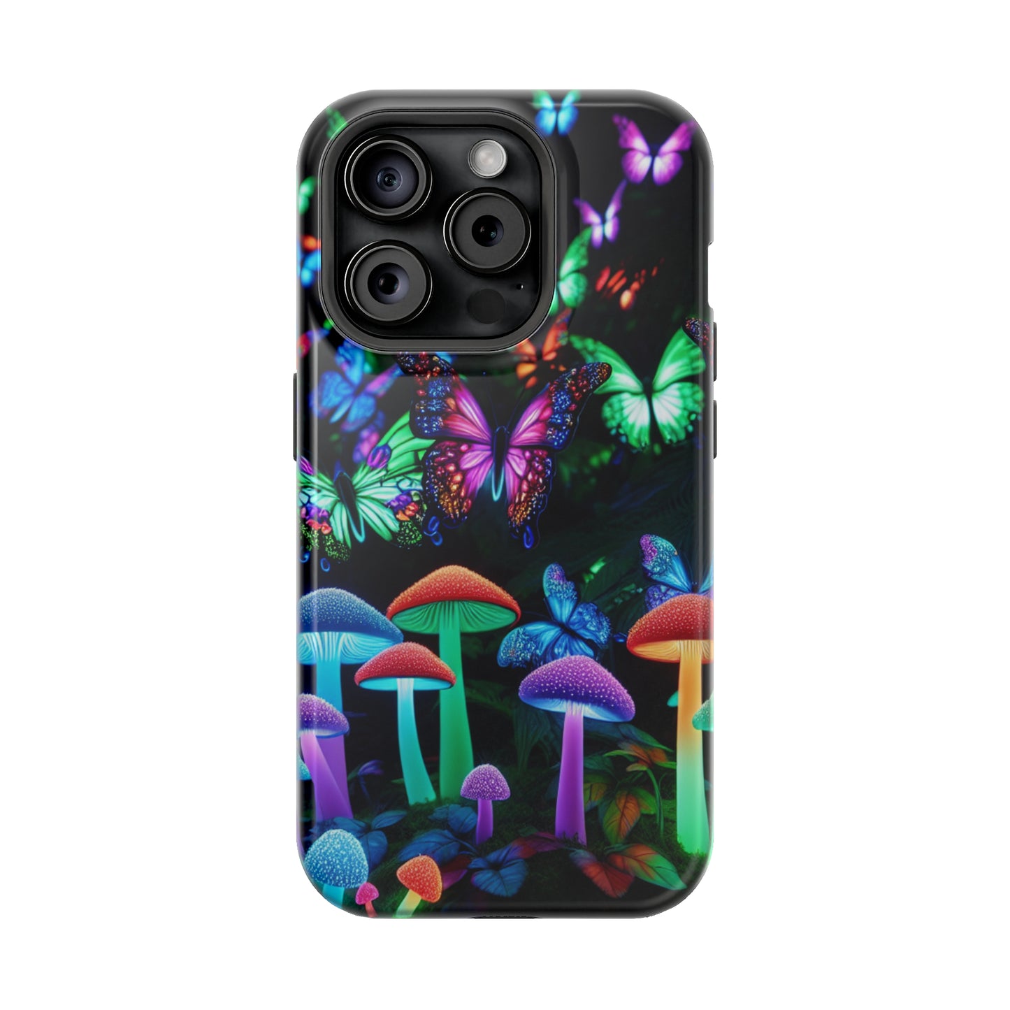 "Neon Burst Wonderland". Neon Butterflies and Mushrooms Premium Art Magsafe Magnet Tough IPhone 13 14 15 Pro Plus Max and Mini in Matte and Glossy Phone cases