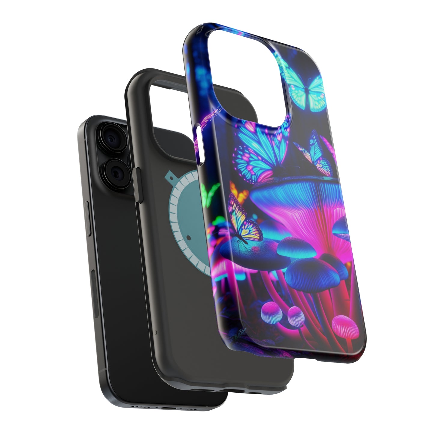Neon Fantasy Garden Neon Butterflies and Mushrooms Premium Art Magsafe Magnet Tough IPhone 13 14 15 Pro Plus Max and Mini in Matte and Glossy Phone cases