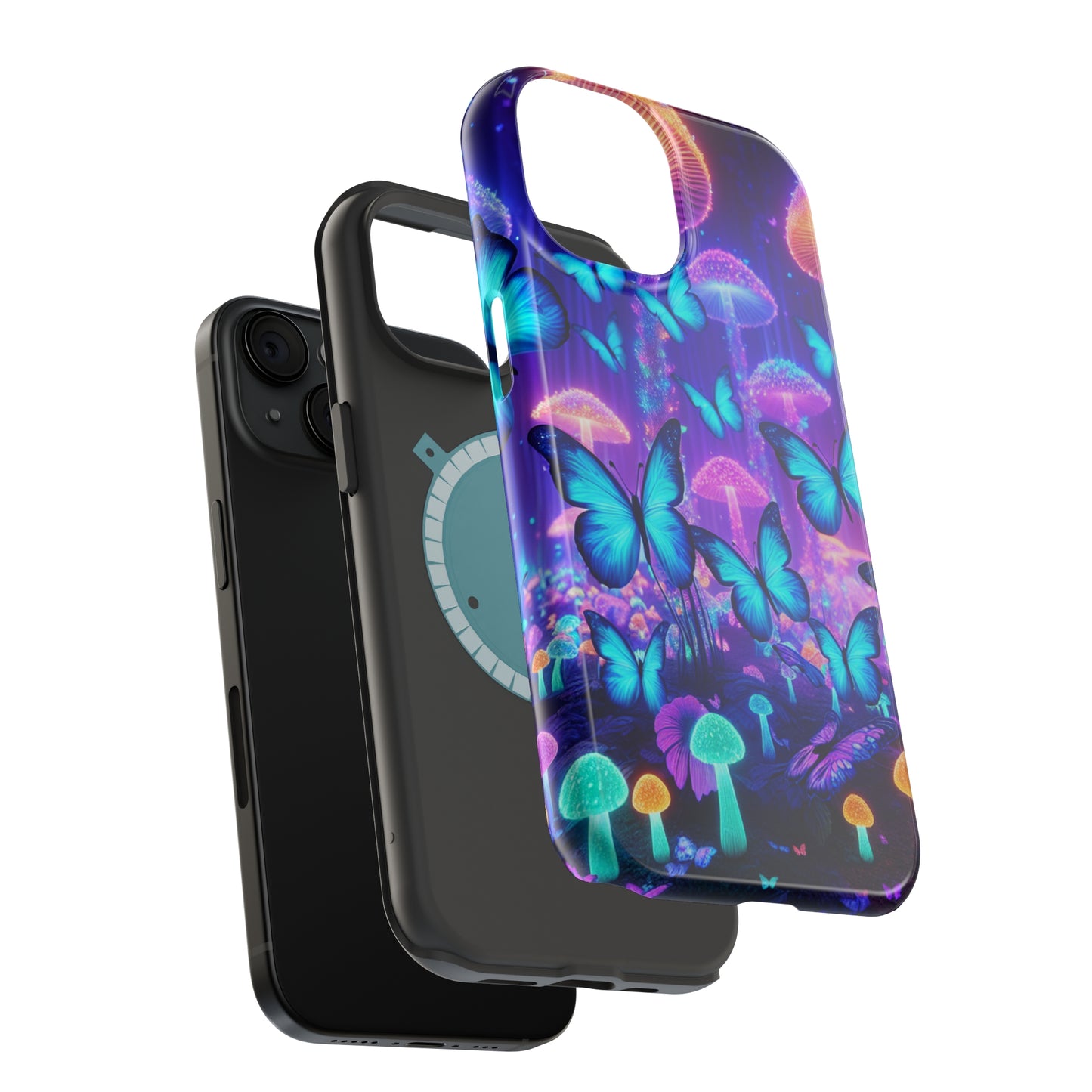 Neon Delight Landscape Neon Butterflies and Mushrooms Premium Art Magsafe Magnet Tough IPhone 13 14 15 Pro Plus Max and Mini in Matte and Glossy Phone cases