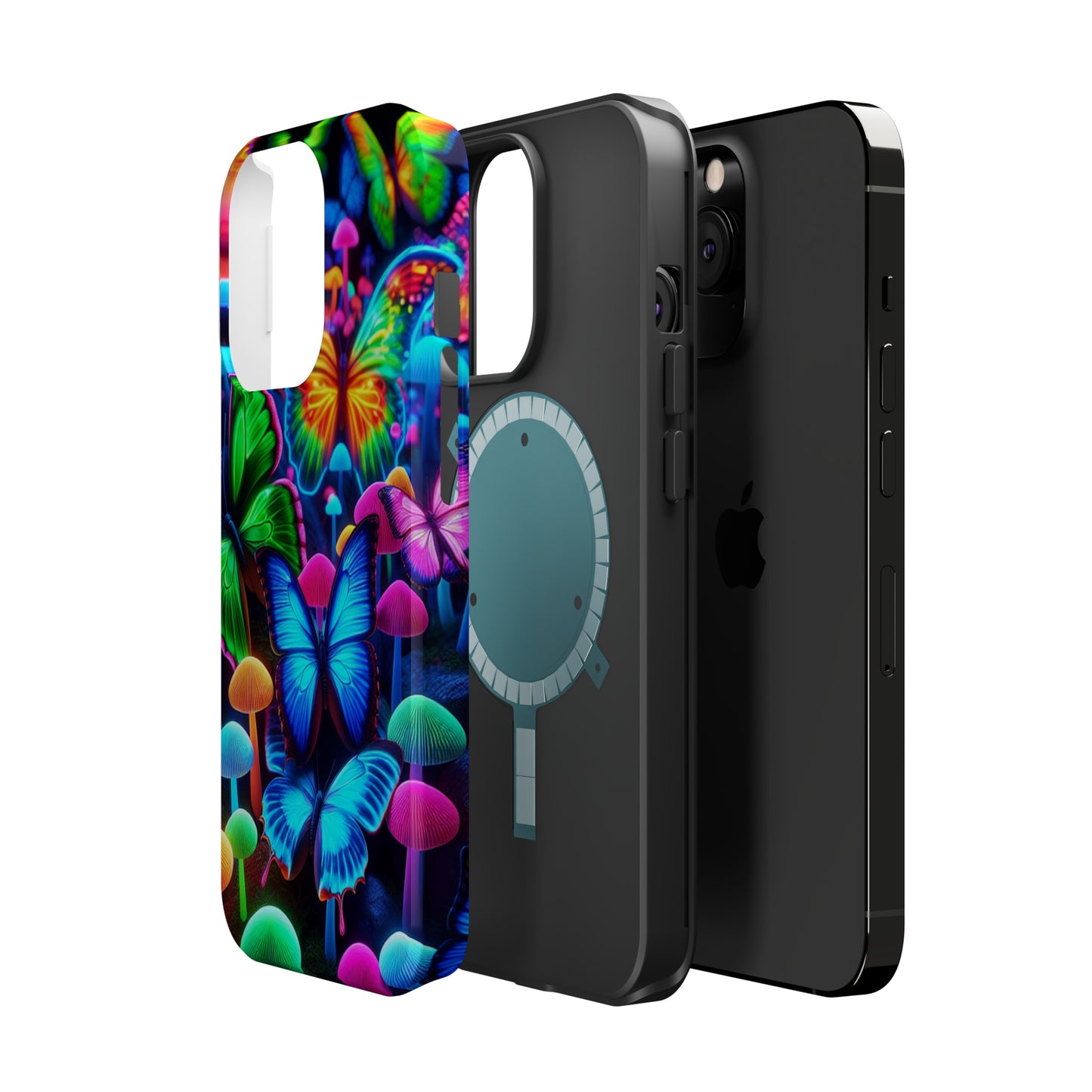 "Fantastic Fruition" Neon Butterflies and Mushrooms Premium Art Magsafe Magnet Tough IPhone 13 14 15 Pro Plus Max and Mini in Matte and Glossy Phone cases