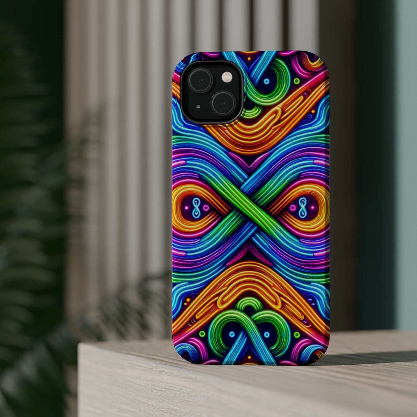 Cosmic Neon Infinity Spectacular. Neon Trippy Infinity Patterns Premium Art Magsafe Magnet Tough IPhone 13 14 15 Pro Plus Max and Mini in Matte and Glossy Phone cases