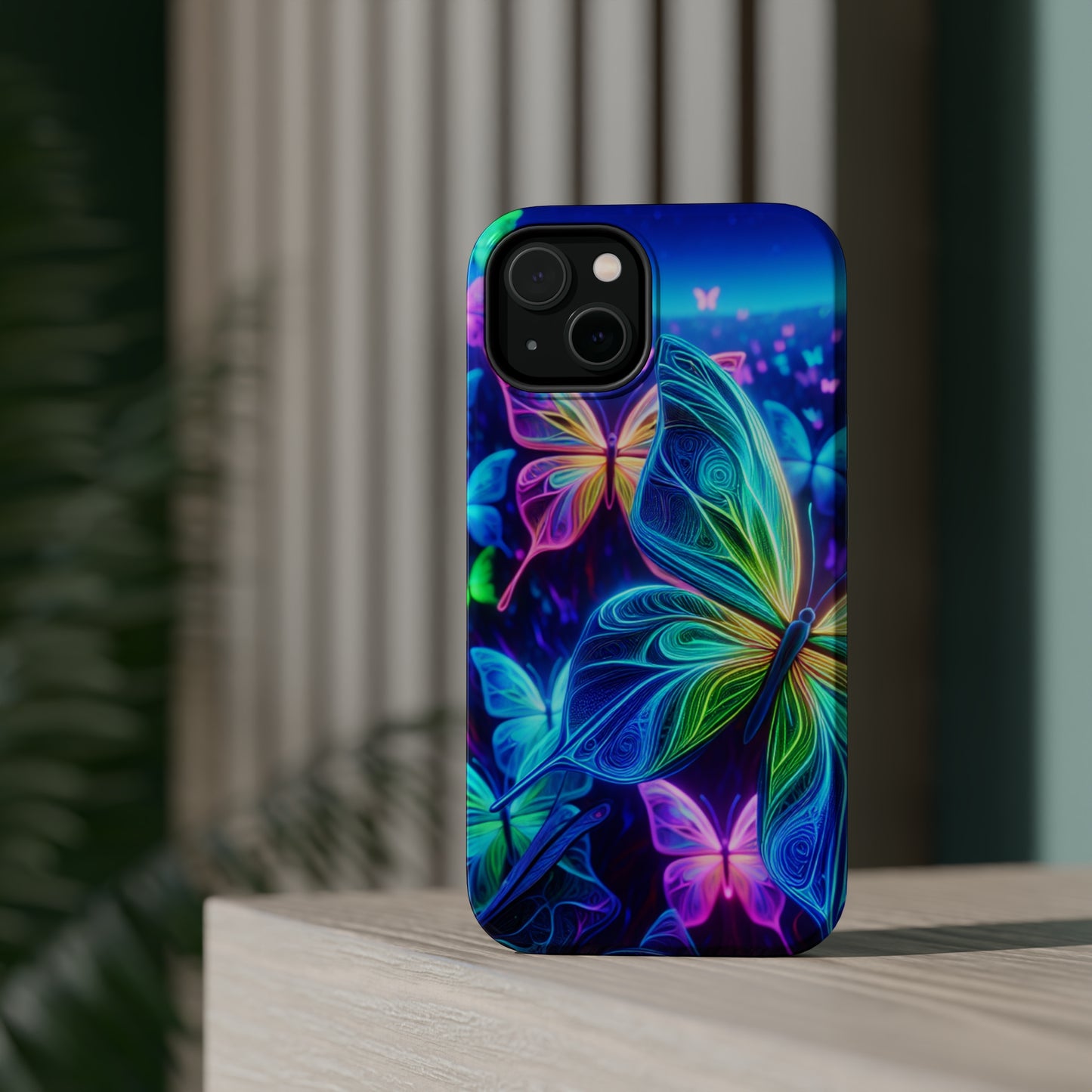'Serene Spectacle of Neon Butterflies' Neon Butterflies Premium Art Magsafe Magnet Tough IPhone 13 14 15 Pro Plus Max and Mini in Matte and Glossy Phone cases