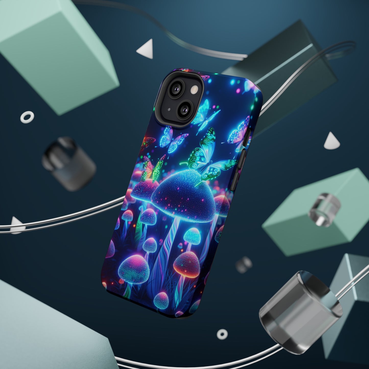 Neon Glitterbug Heaven. Neon Butterflies and Mushrooms Premium Art Magsafe Magnet Tough IPhone 13 14 15 Pro Plus Max and Mini in Matte and Glossy Phone cases