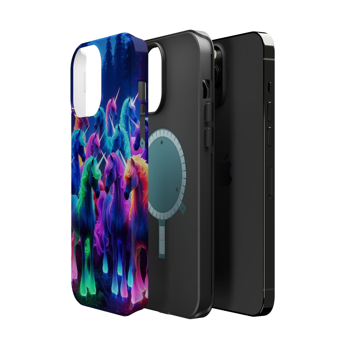 "Neon Fantasyland" Neon Unicorns Premium Art Magsafe Magnet Tough IPhone 13 14 15 Pro Plus Max and Mini in Matte and Glossy Phone cases