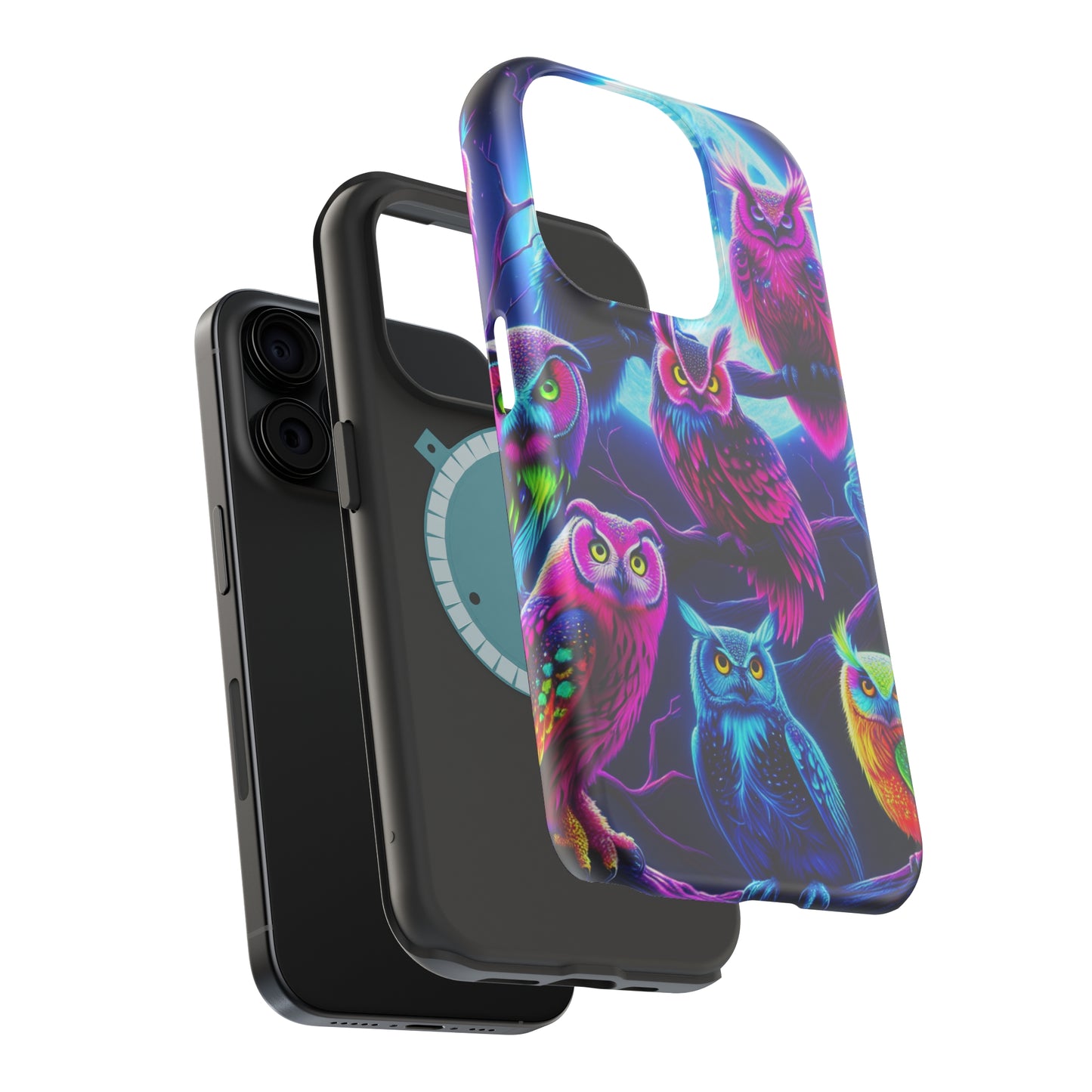 "Neon Splash of Owls" Neon Owls Premium Art Magsafe Magnet Tough IPhone 13 14 15 Pro Plus Max and Mini in Matte and Glossy Phone cases