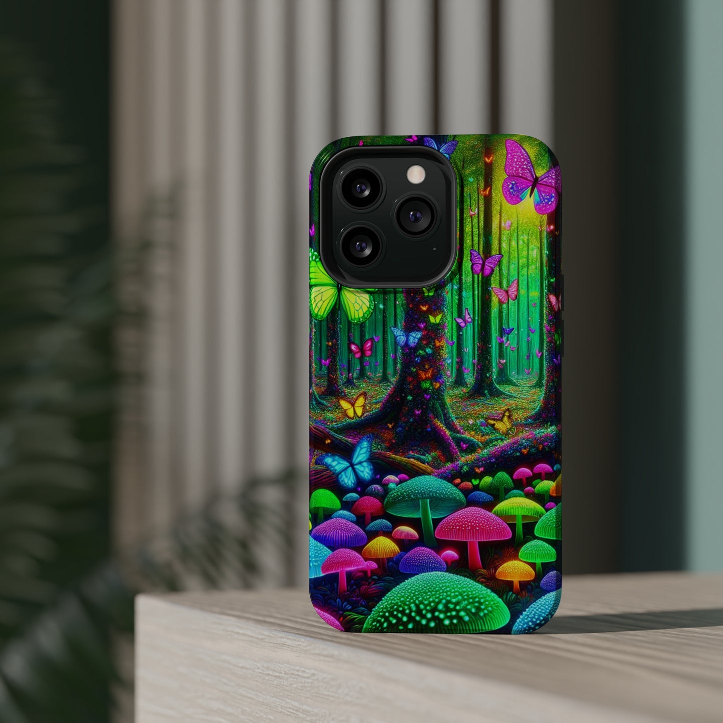 "Neon Garden Symphony". Neon Butterflies and Mushrooms Premium Art Magsafe Magnet Tough IPhone 13 14 15 Pro Plus Max and Mini in Matte and Glossy Phone cases
