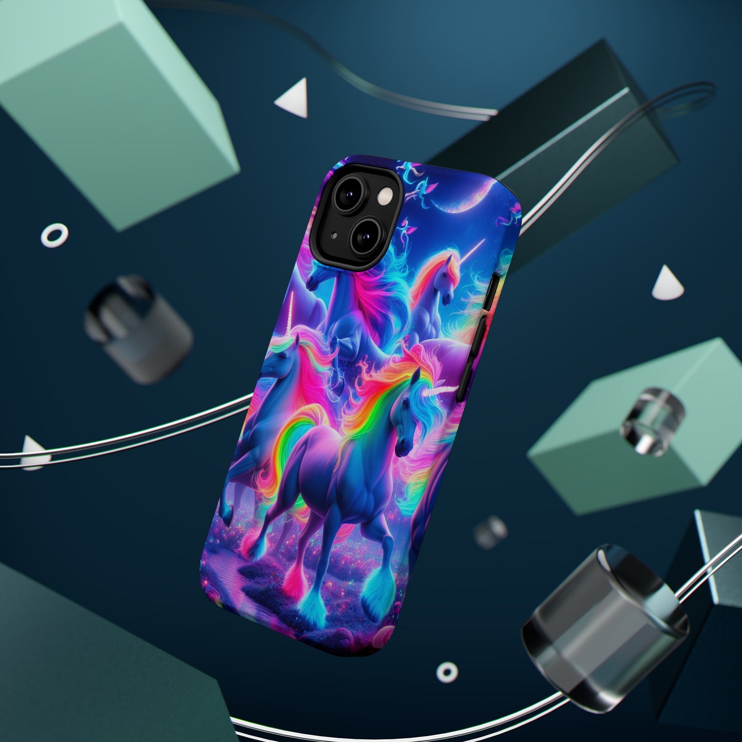 "Unicorn Prism" Neon Unicorns Premium Art Magsafe Magnet Tough IPhone 13 14 15 Pro Plus Max and Mini in Matte and Glossy Phone cases