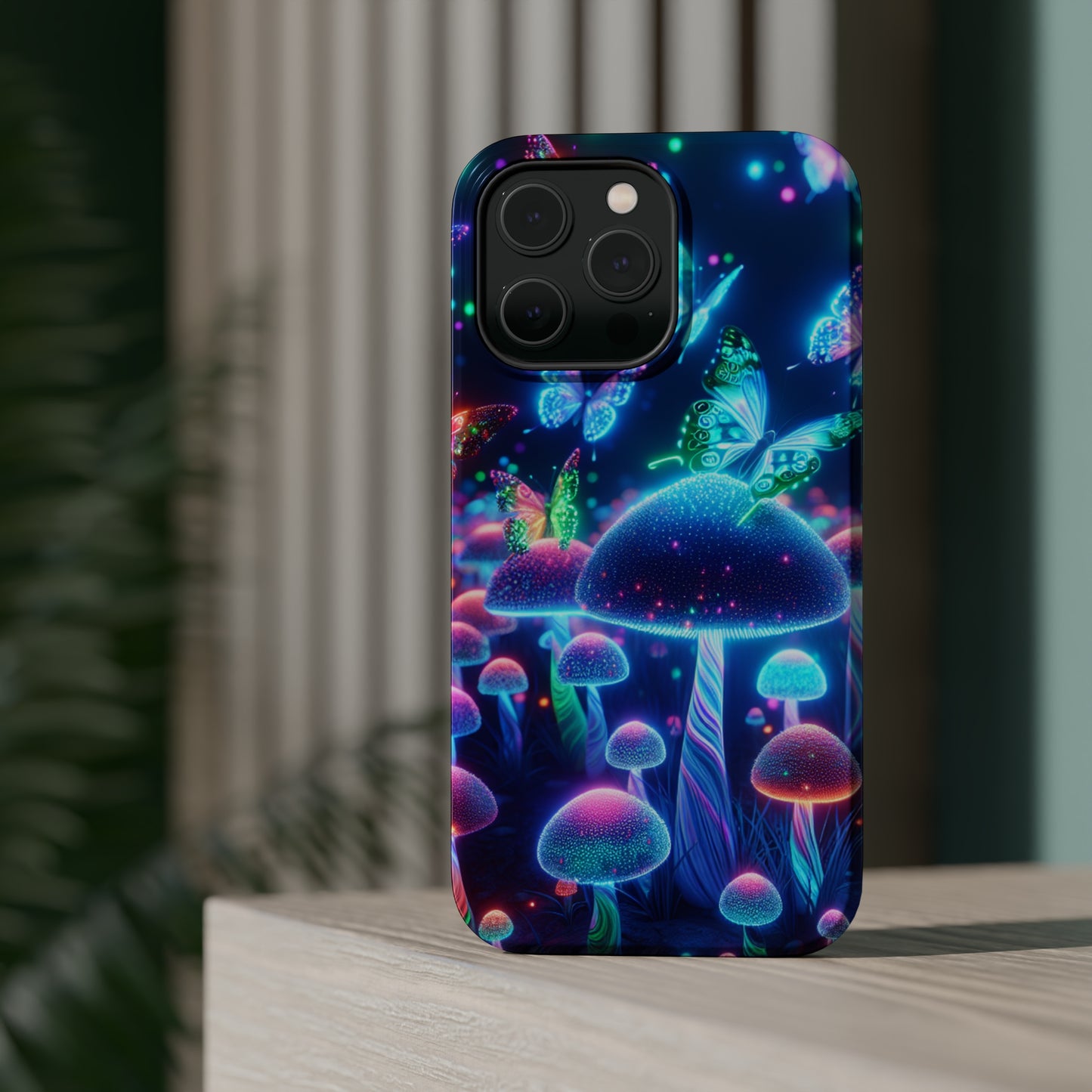 Neon Glitterbug Heaven. Neon Butterflies and Mushrooms Premium Art Magsafe Magnet Tough IPhone 13 14 15 Pro Plus Max and Mini in Matte and Glossy Phone cases