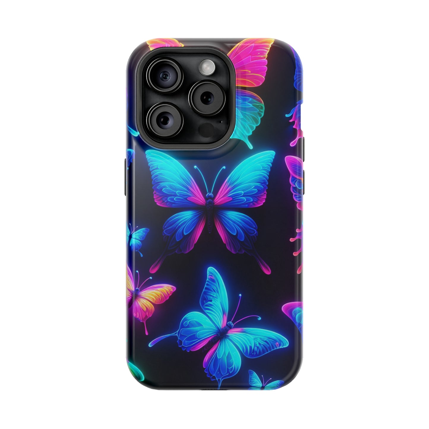 "Neon Flight Frenzy" Neon Butterflies Premium Art Magsafe Magnet Tough IPhone 13 14 15 Pro Plus Max and Mini in Matte and Glossy Phone cases