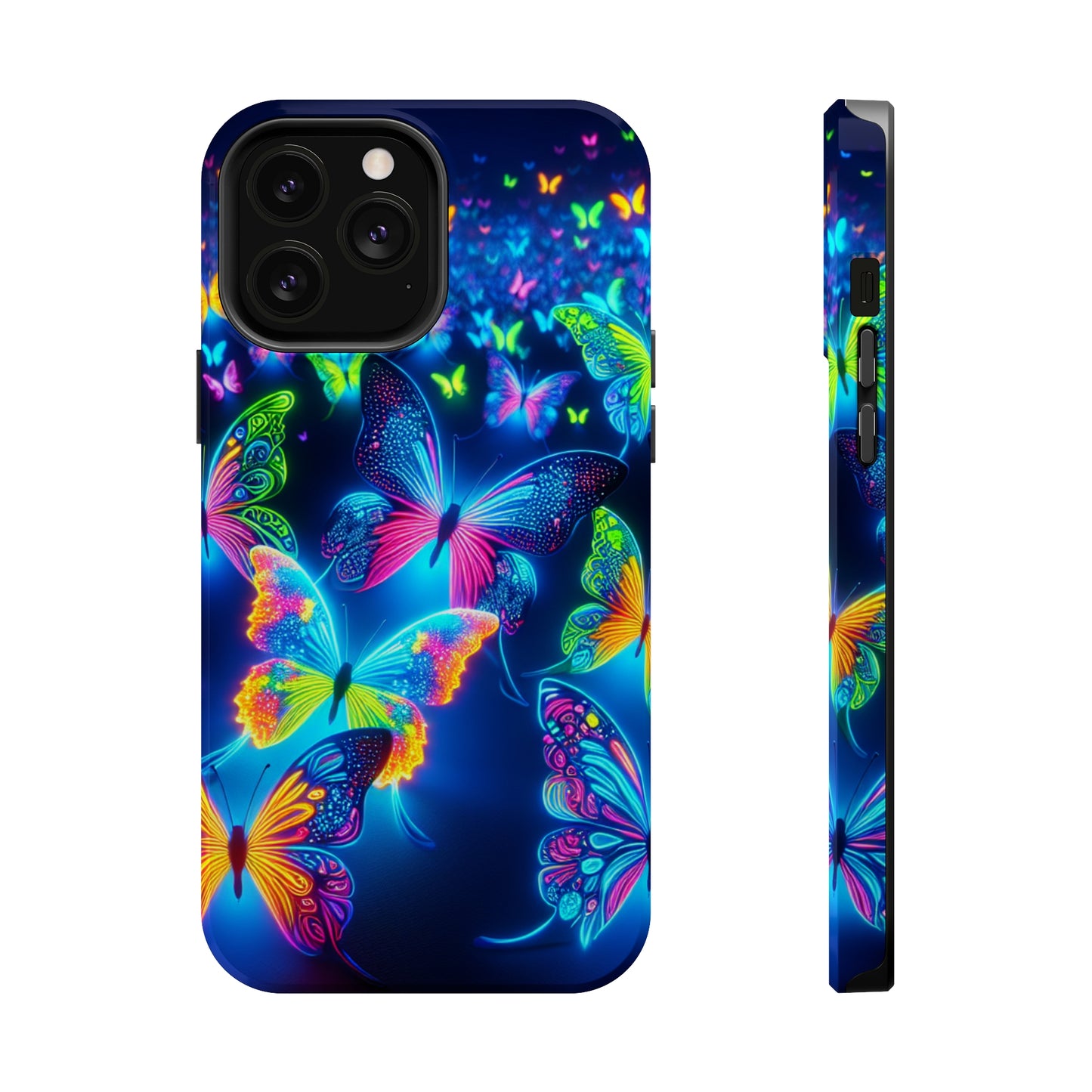 "Atmospheric Fluorescence" Neon Butterflies Premium Art Magsafe Magnet Tough IPhone 13 14 15 Pro Plus Max and Mini in Matte and Glossy Phone cases