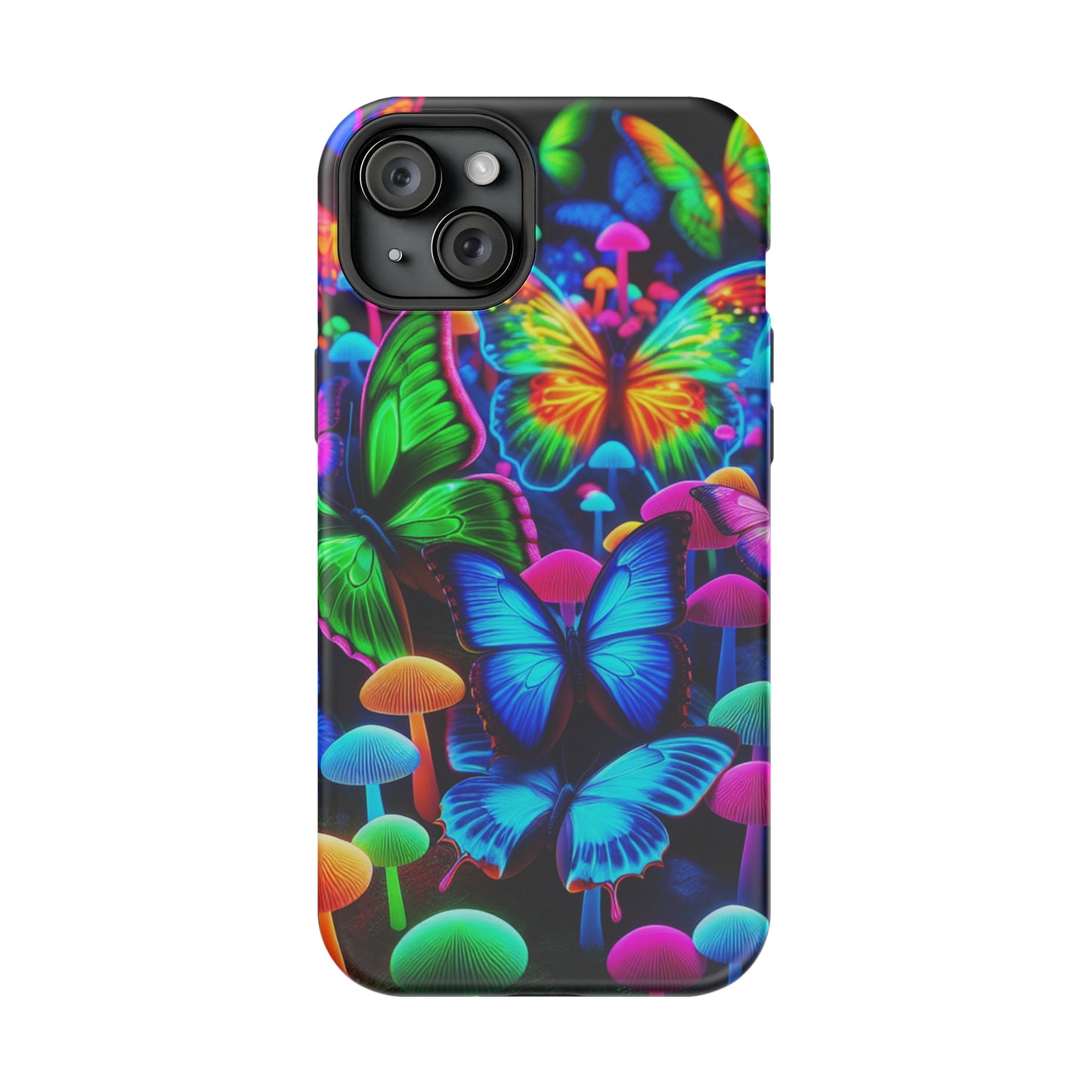 "Fantastic Fruition" Neon Butterflies and Mushrooms Premium Art Magsafe Magnet Tough IPhone 13 14 15 Pro Plus Max and Mini in Matte and Glossy Phone cases