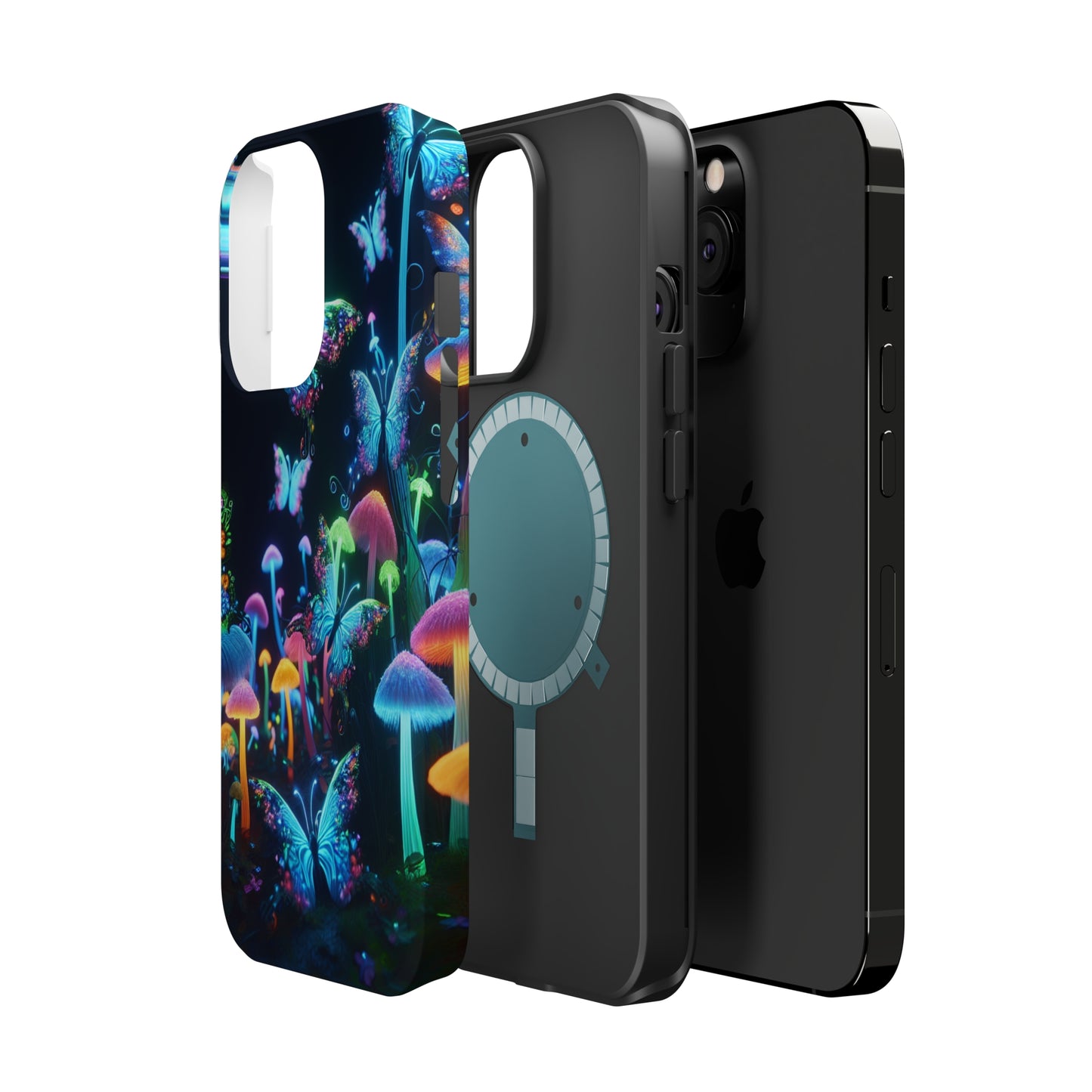 "Neon Dreamscape" Neon Butterflies and Mushrooms Premium Art Magsafe Magnet Tough IPhone 13 14 15 Pro Plus Max and Mini in Matte and Glossy Phone cases