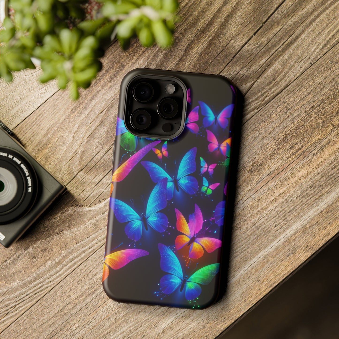 "Vibrant Neon Flutter" Neon Butterflies Premium Art Magsafe Magnet Tough IPhone 13 14 15 Pro Plus Max and Mini in Matte and Glossy Phone cases