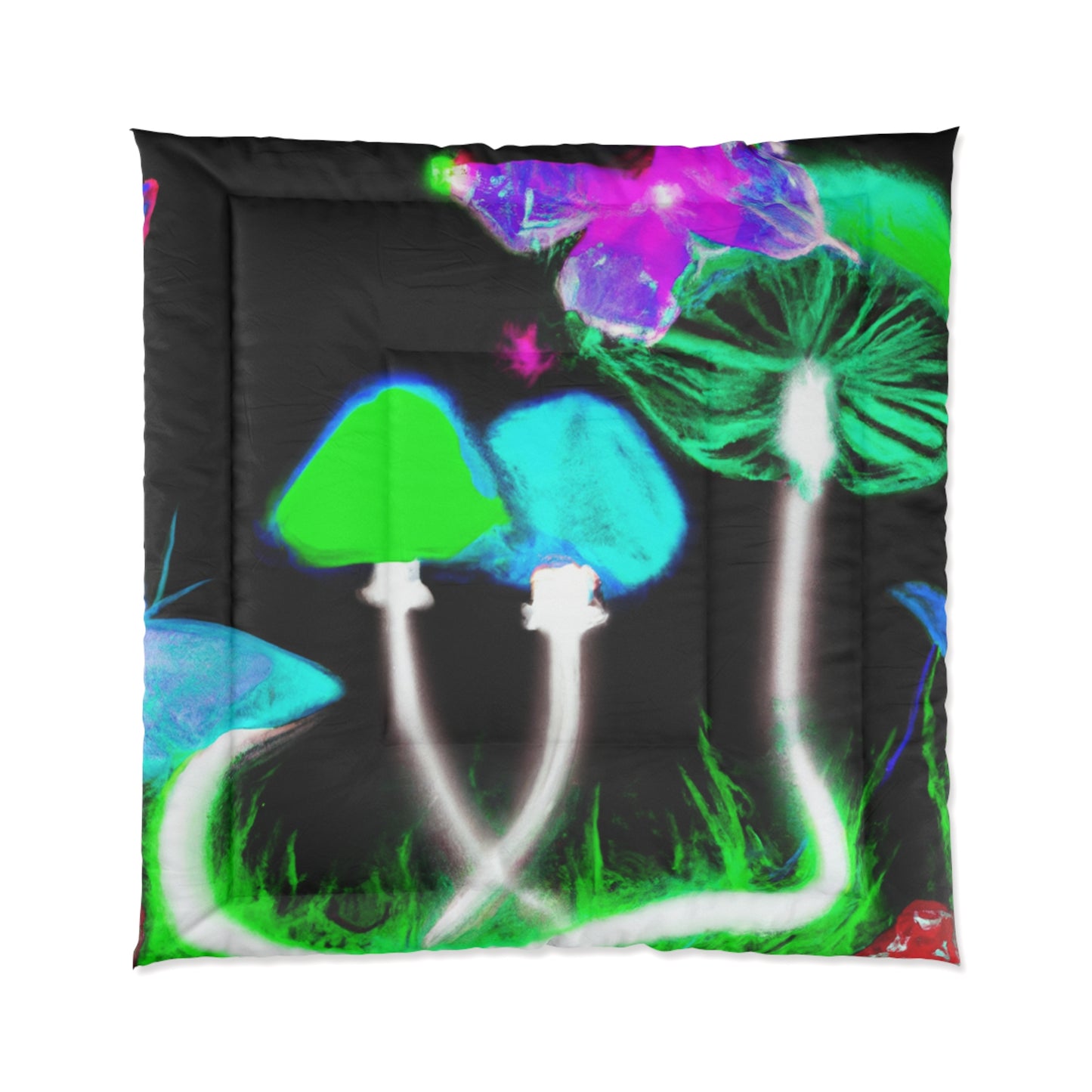 "Vibrant Neon Fantasy". Butterflies & Mushrooms Comforter Blanket