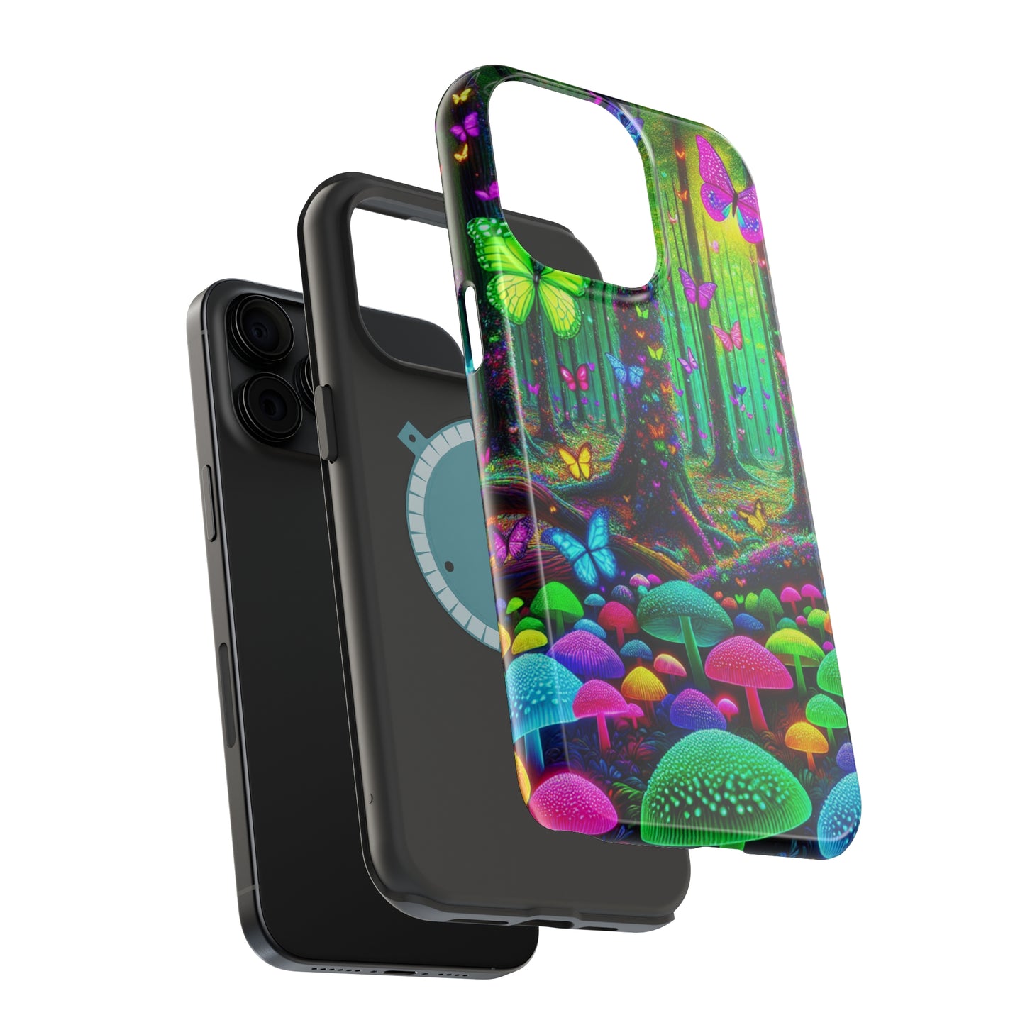 "Neon Garden Symphony". Neon Butterflies and Mushrooms Premium Art Magsafe Magnet Tough IPhone 13 14 15 Pro Plus Max and Mini in Matte and Glossy Phone cases