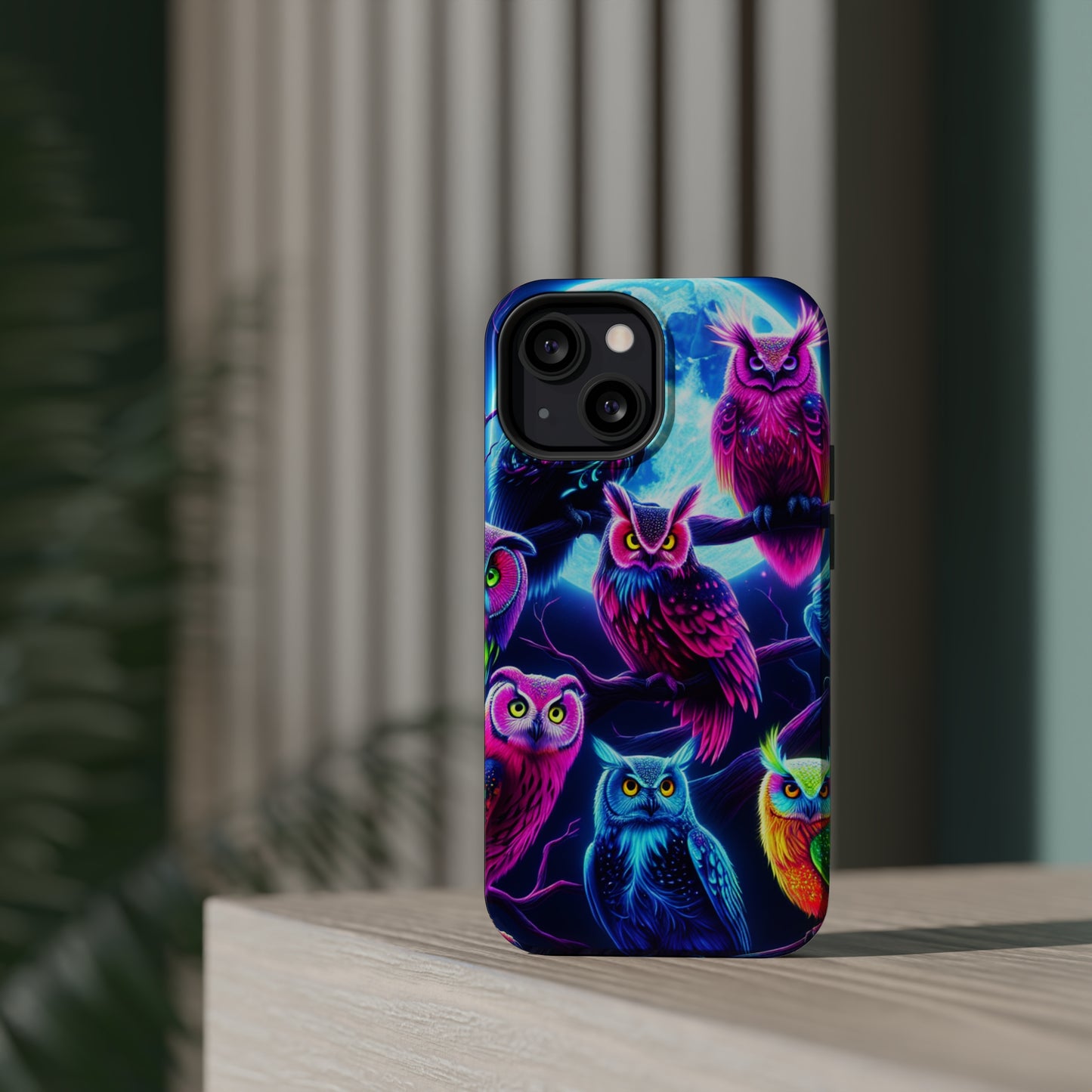 "Neon Splash of Owls" Neon Owls Premium Art Magsafe Magnet Tough IPhone 13 14 15 Pro Plus Max and Mini in Matte and Glossy Phone cases