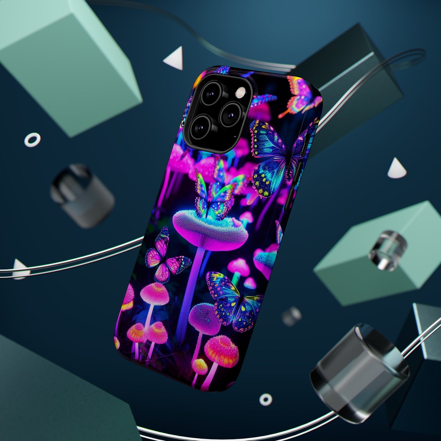 "Neon Gloomsprite Dance" Neon Butterflies and Mushrooms Premium Art Magsafe Magnet Tough IPhone 13 14 15 Pro Plus Max and Mini in Matte and Glossy Phone cases