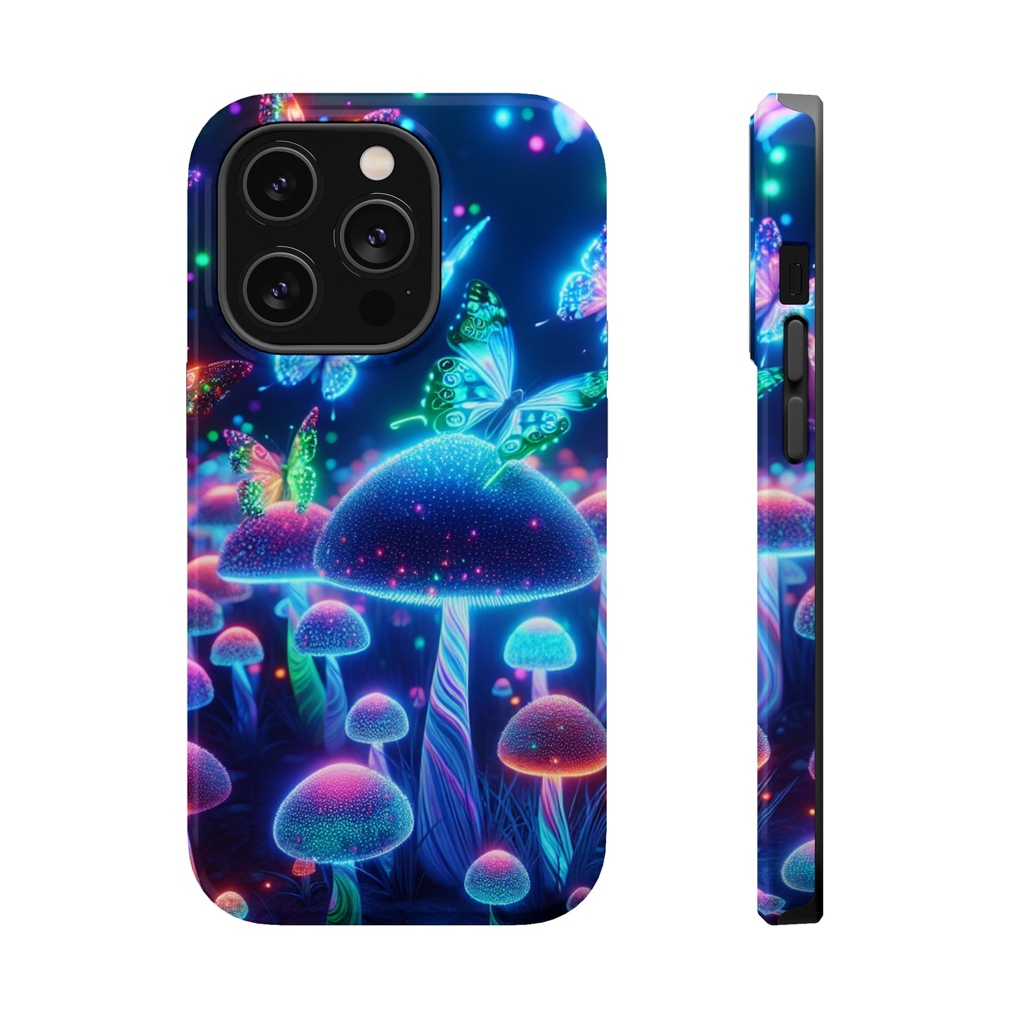 Neon Glitterbug Heaven. Neon Butterflies and Mushrooms Premium Art Magsafe Magnet Tough IPhone 13 14 15 Pro Plus Max and Mini in Matte and Glossy Phone cases