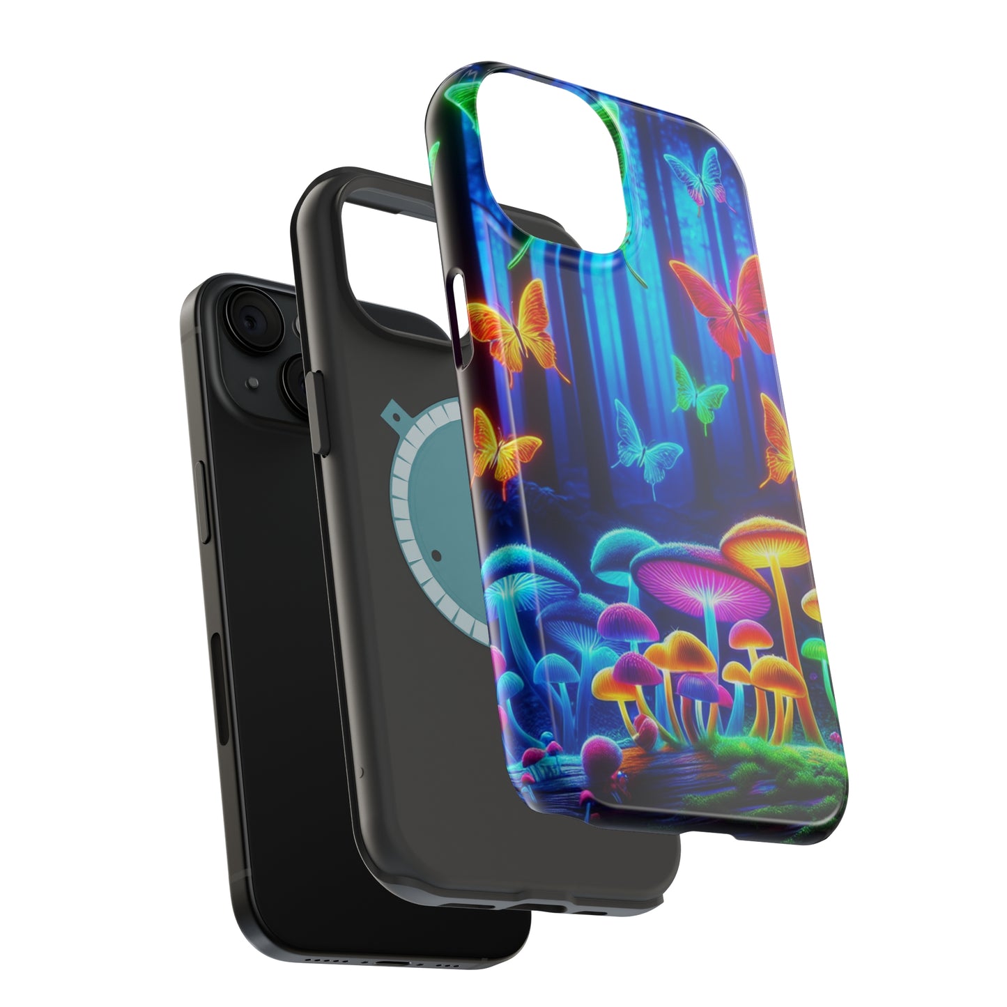 "Neon Garden Delight" Neon Butterflies and Mushrooms Premium Art Magsafe Magnet Tough IPhone 13 14 15 Pro Plus Max and Mini in Matte and Glossy Phone cases