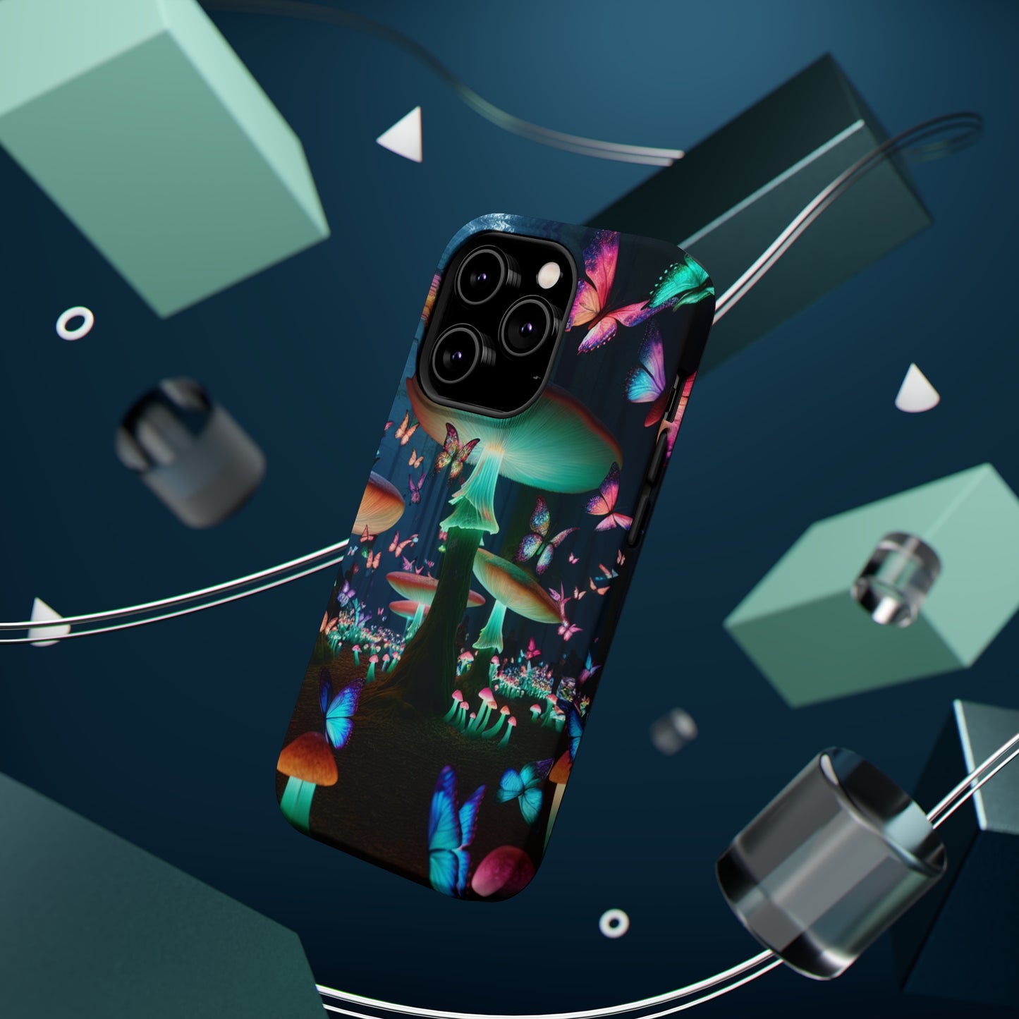 Neon Garden Delight. Neon Butterflies and Mushrooms Premium Art Magsafe Magnet Tough IPhone 13 14 15 Pro Plus Max and Mini in Matte and Glossy Phone cases
