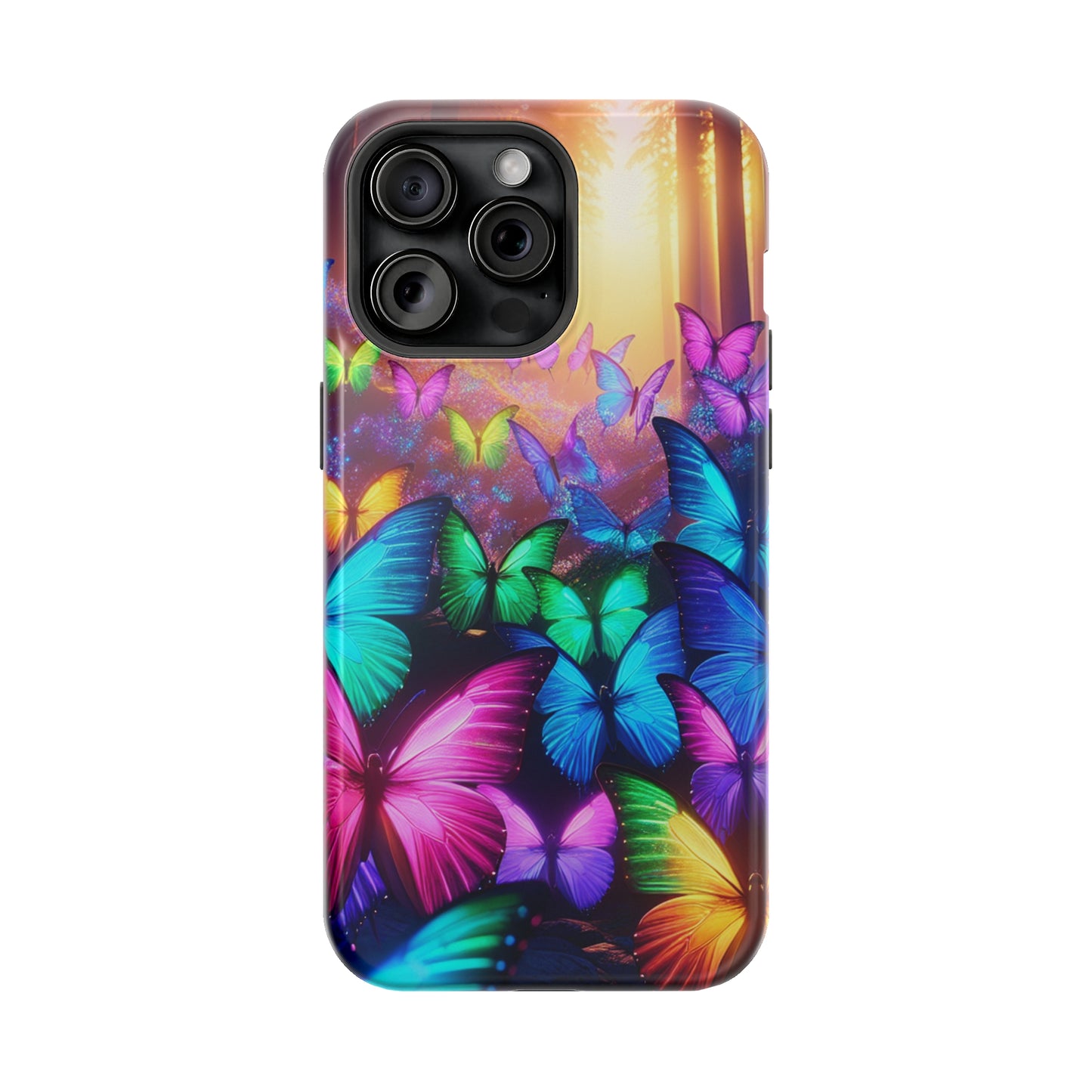 "Radiant Glowing Flight" Neon Butterflies Premium Art Magsafe Magnet Tough IPhone 13 14 15 Pro Plus Max and Mini in Matte and Glossy Phone cases