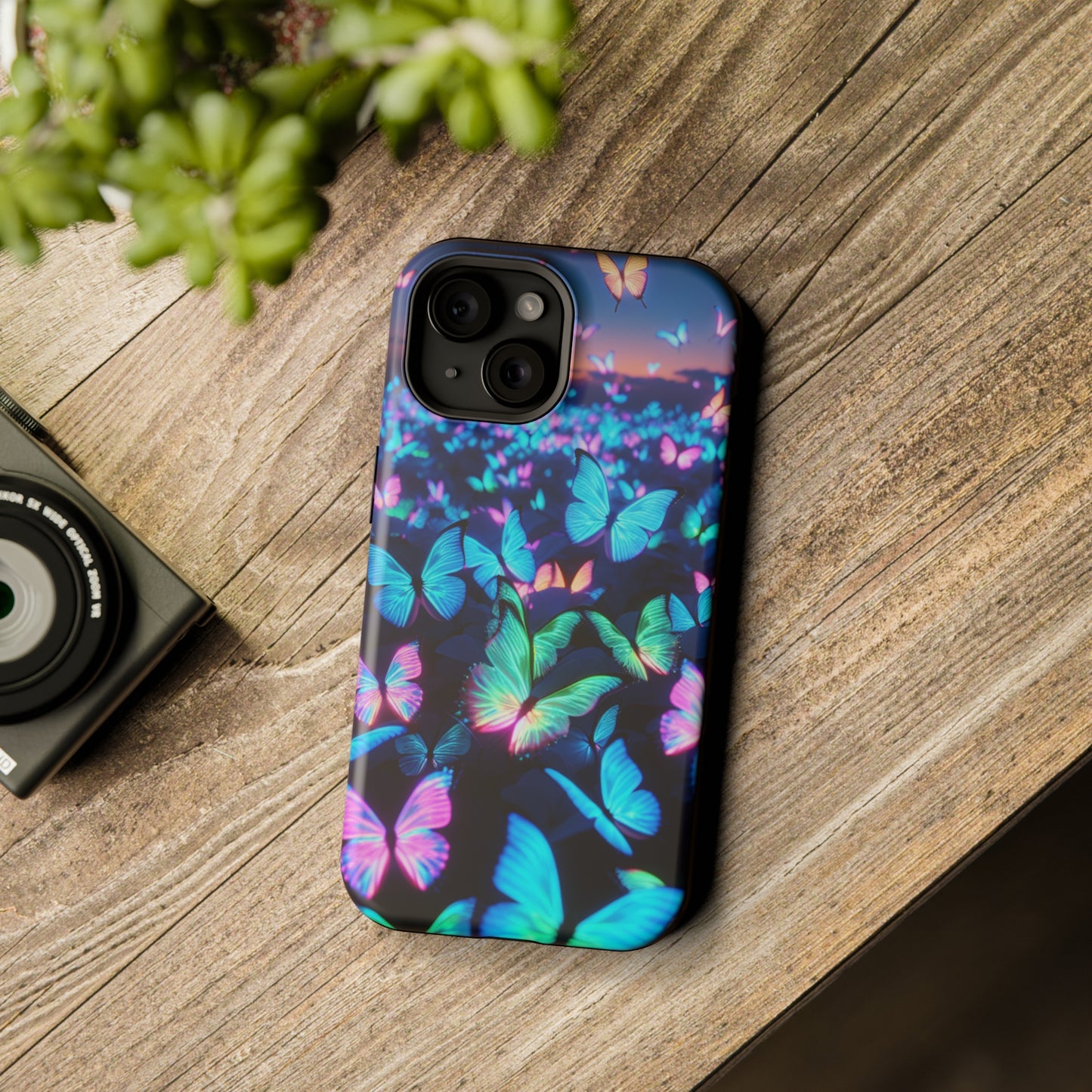 "Fantasia of Neon Butterflies" Neon Butterflies Premium Art Magsafe Magnet Tough IPhone 13 14 15 Pro Plus Max and Mini in Matte and Glossy Phone cases