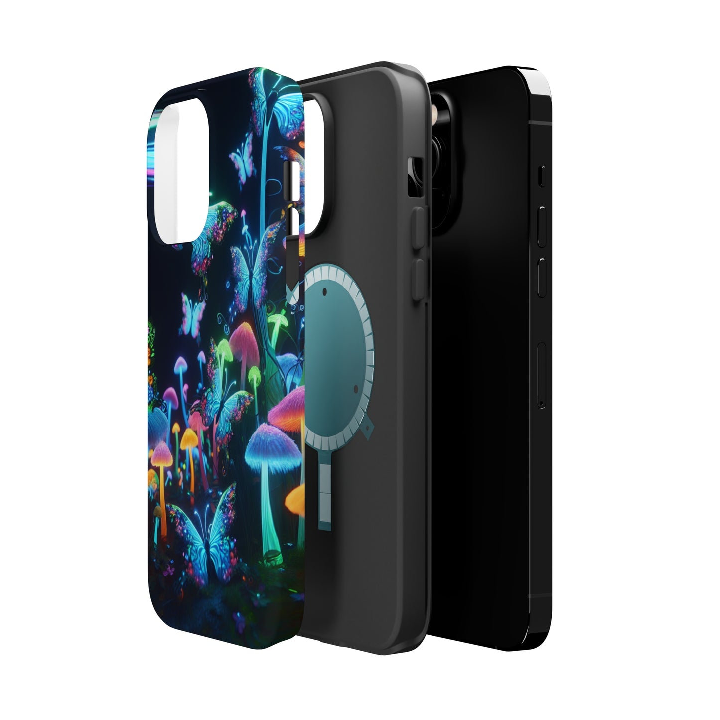 "Neon Dreamscape" Neon Butterflies and Mushrooms Premium Art Magsafe Magnet Tough IPhone 13 14 15 Pro Plus Max and Mini in Matte and Glossy Phone cases