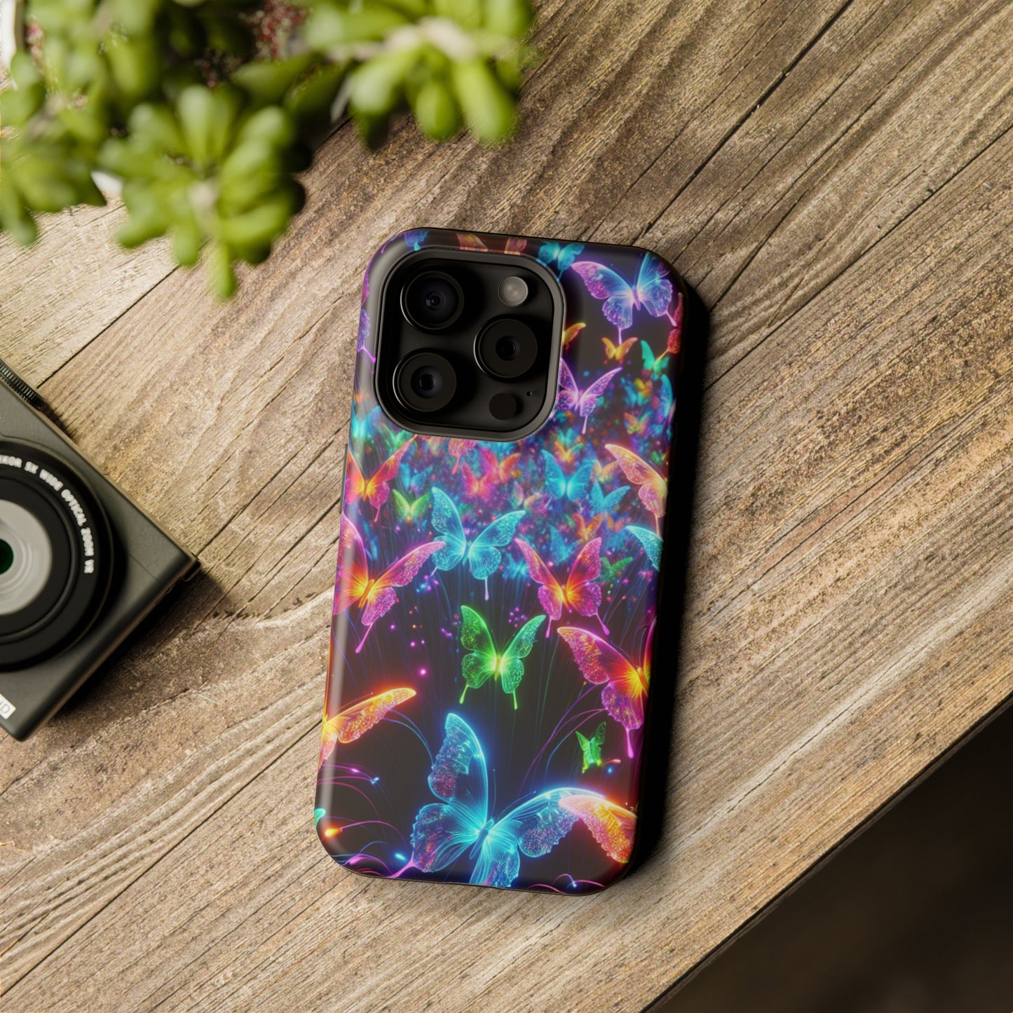 "Neon Flutterburst" Neon Butterflies Premium Art Magsafe Magnet Tough IPhone 13 14 15 Pro Plus Max and Mini in Matte and Glossy Phone cases