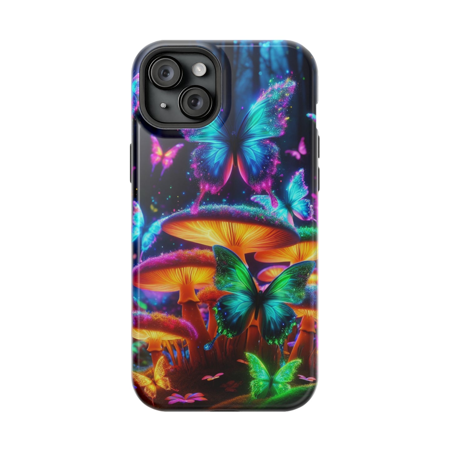 Neon Fantasia. Neon Butterflies and Mushrooms Premium Art Magsafe Magnet Tough IPhone 13 14 15 Pro Plus Max and Mini in Matte and Glossy Phone cases