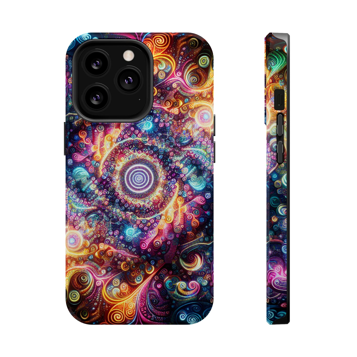 Cosmic Chromatic Mirage. Neon Trippy Infinity Patterns Premium Art Magsafe Magnet Tough IPhone 13 14 15 Pro Plus Max and Mini in Matte and Glossy Phone cases