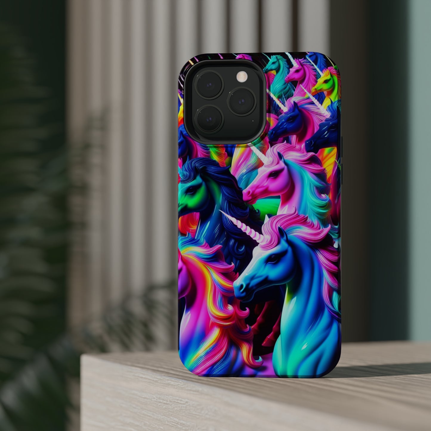 "Neon Illumination" Neon Unicorns Premium Art Magsafe Magnet Tough IPhone 13 14 15 Pro Plus Max and Mini in Matte and Glossy Phone cases