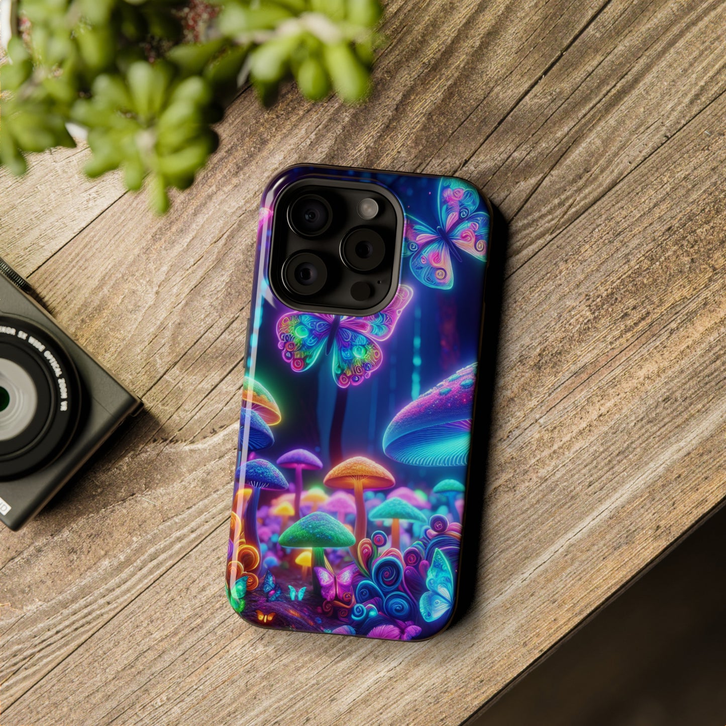 Neon Ecstasy. Neon Butterflies and Mushrooms Premium Art Magsafe Magnet Tough IPhone 13 14 15 Pro Plus Max and Mini in Matte and Glossy Phone cases