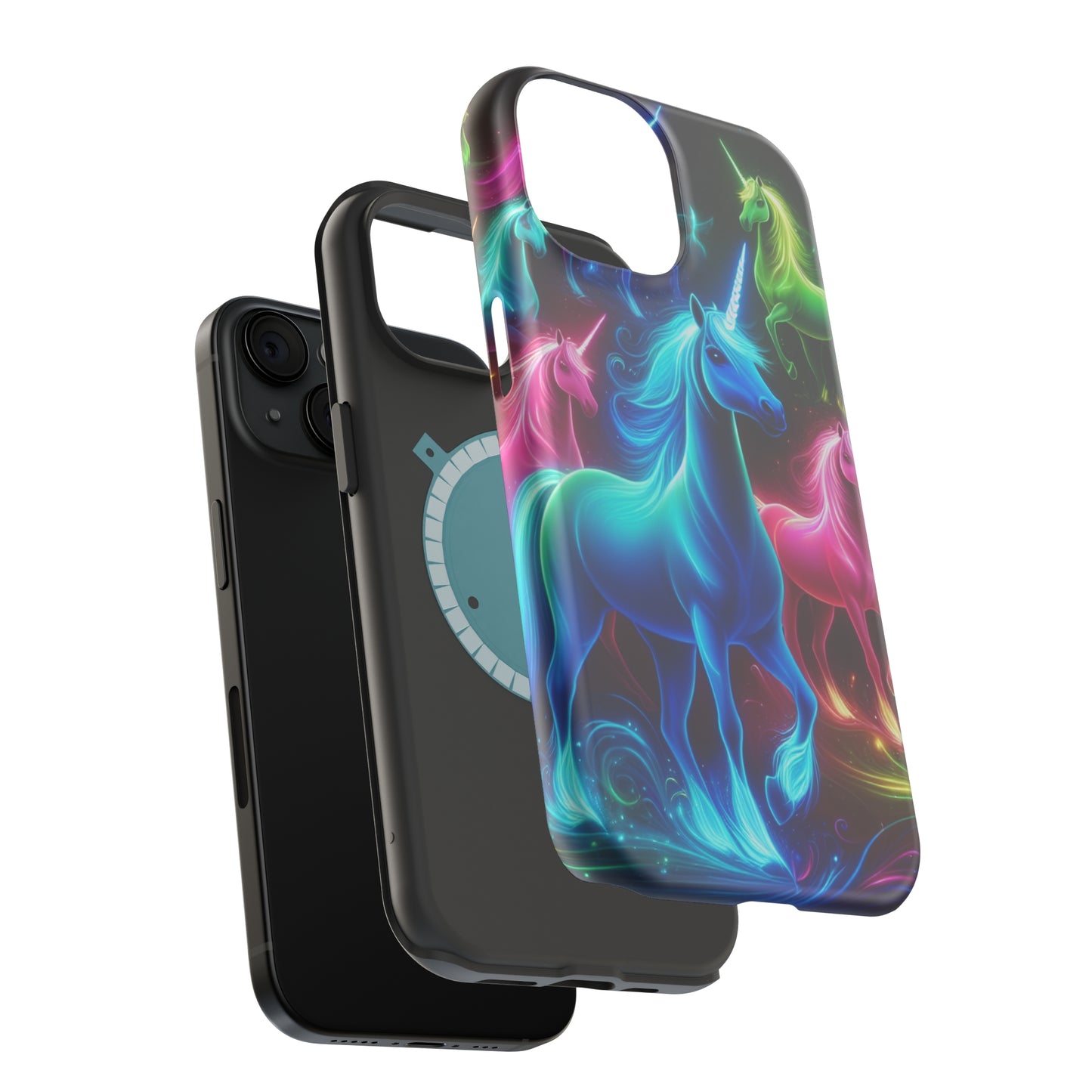 Neon Rainbow Herd. Neon Unicorns Premium Art Magsafe Magnet Tough IPhone 13 14 15 Pro Plus Max and Mini in Matte and Glossy Phone cases