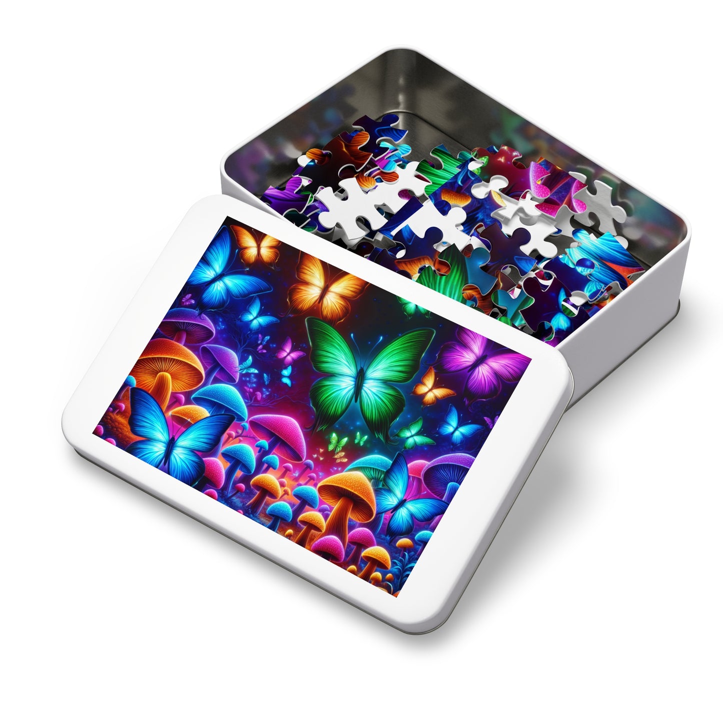 Neon Splurge. - Neon Butterflies and Mushrooms Puzzle 30, 110, 252, and 1000 Pieces