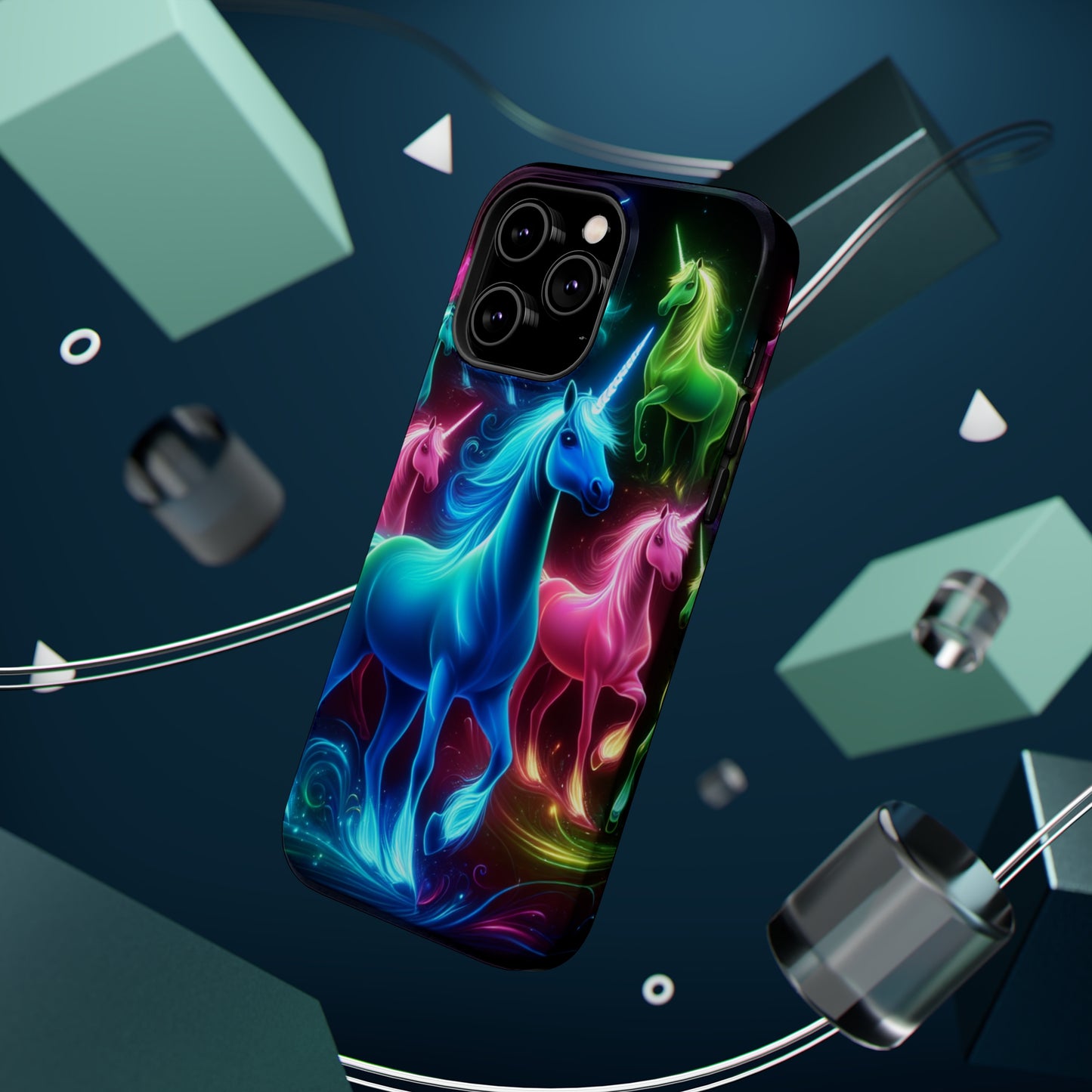 Neon Rainbow Herd. Neon Unicorns Premium Art Magsafe Magnet Tough IPhone 13 14 15 Pro Plus Max and Mini in Matte and Glossy Phone cases