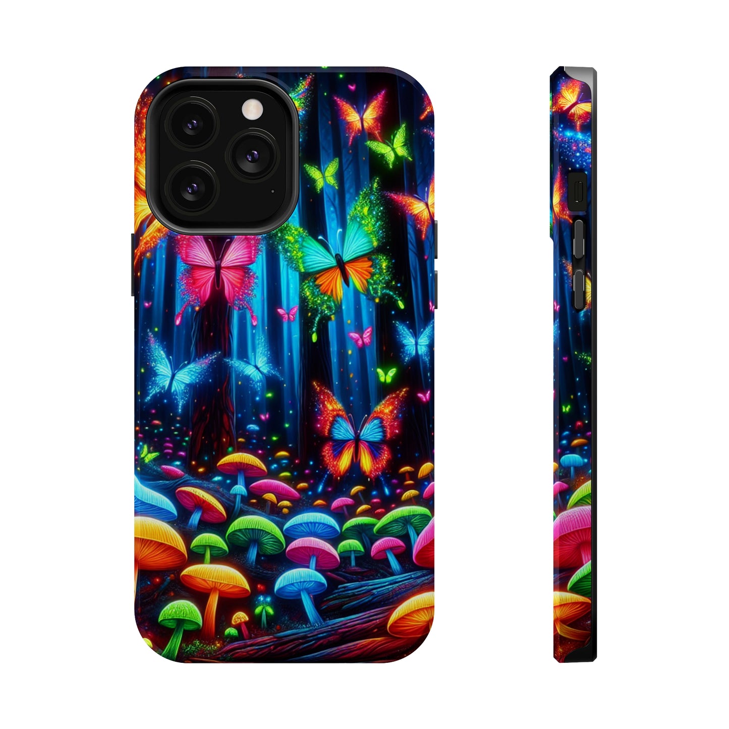 Neon Fantasia. Neon Butterflies and Mushrooms Premium Art Magsafe Magnet Tough IPhone 13 14 15 Pro Plus Max and Mini in Matte and Glossy Phone cases