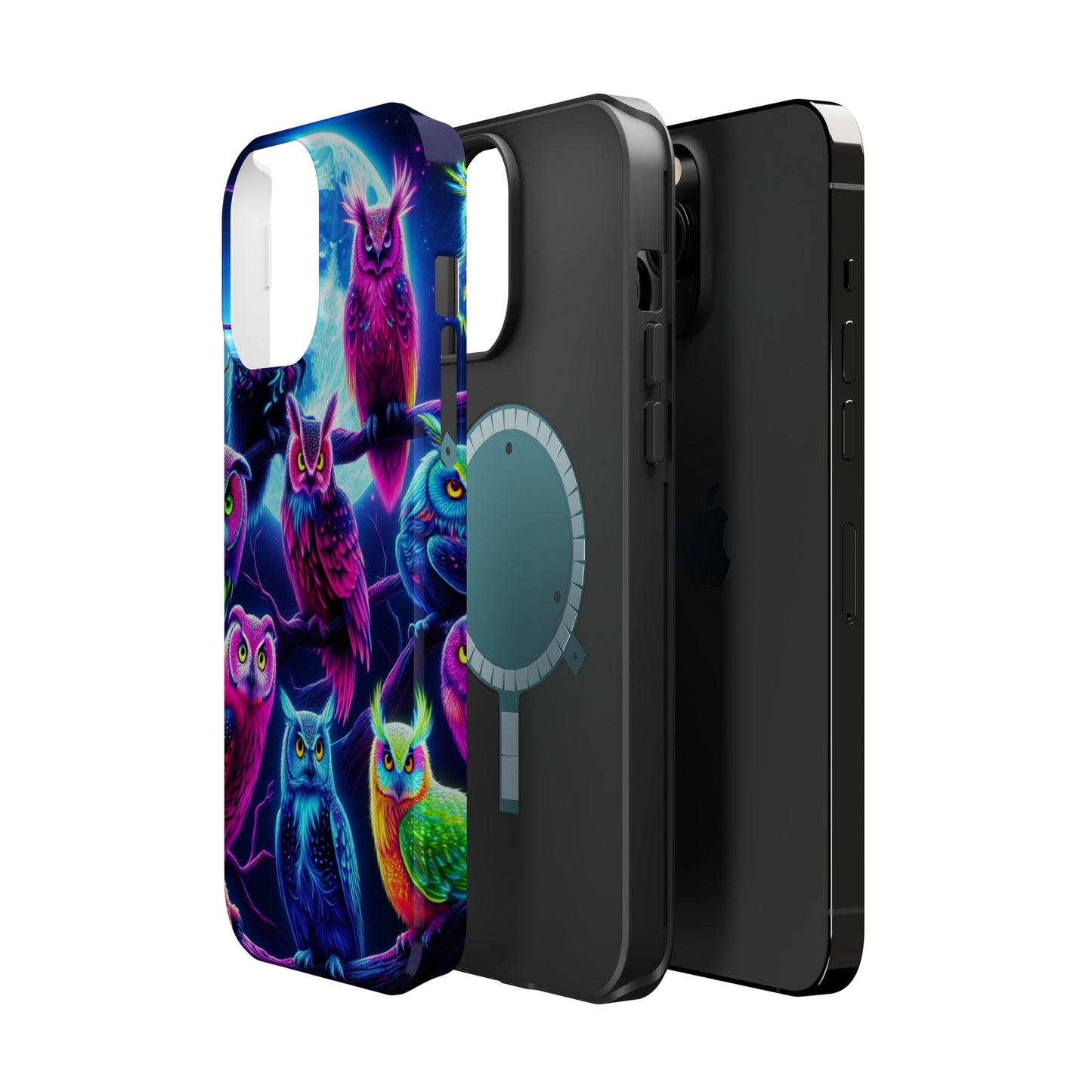 "Neon Splash of Owls" Neon Owls Premium Art Magsafe Magnet Tough IPhone 13 14 15 Pro Plus Max and Mini in Matte and Glossy Phone cases
