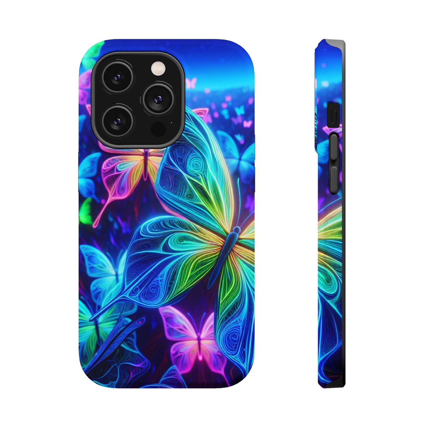 'Serene Spectacle of Neon Butterflies' Neon Butterflies Premium Art Magsafe Magnet Tough IPhone 13 14 15 Pro Plus Max and Mini in Matte and Glossy Phone cases